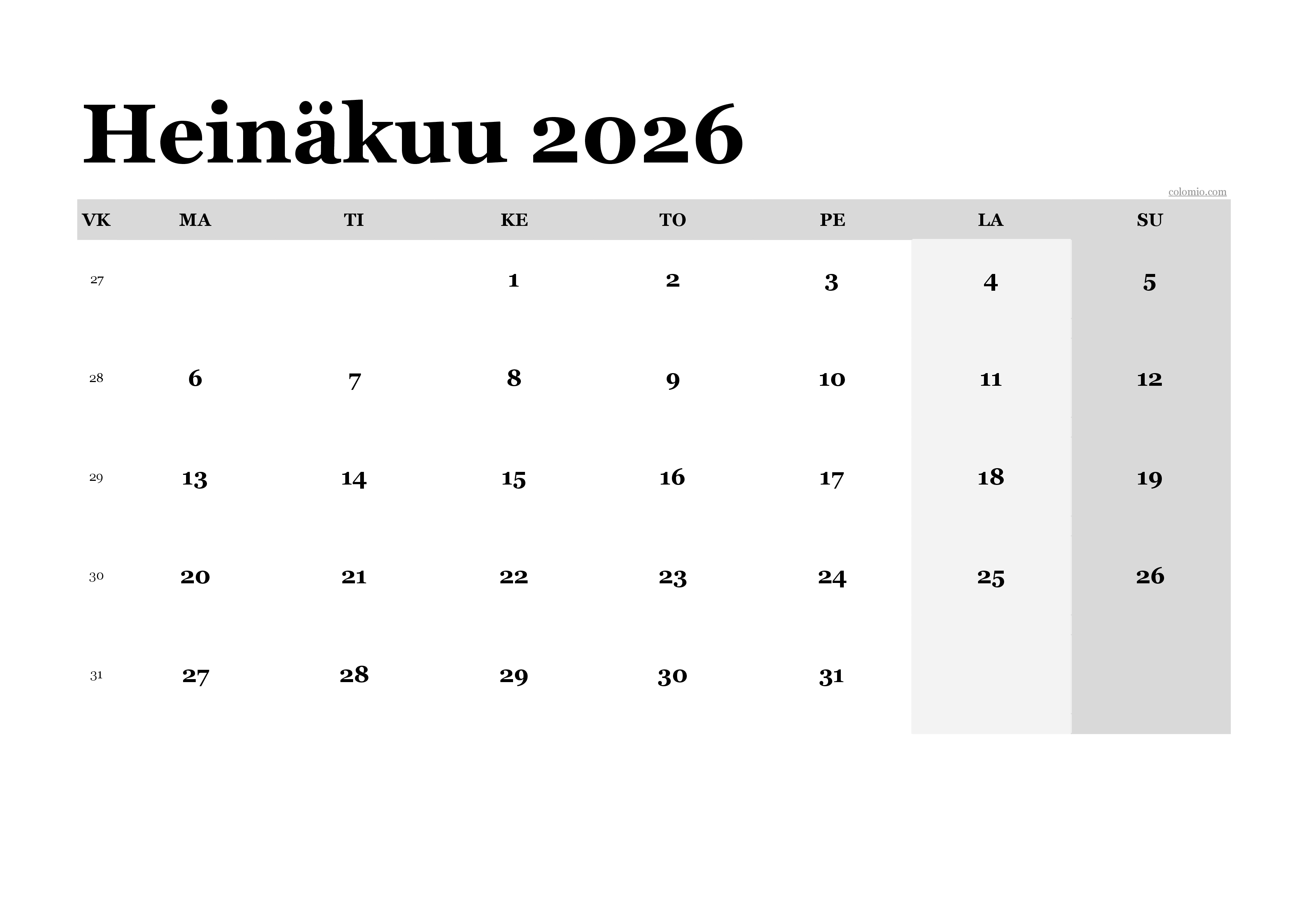 Heinäkuu 2026 kalenteri klassinen, vaakasuuntainen PDF tulostettavaksi Heinäkuu 2026 kalenteri klassinen, vaakasuuntainen PDF tulostettavaksi