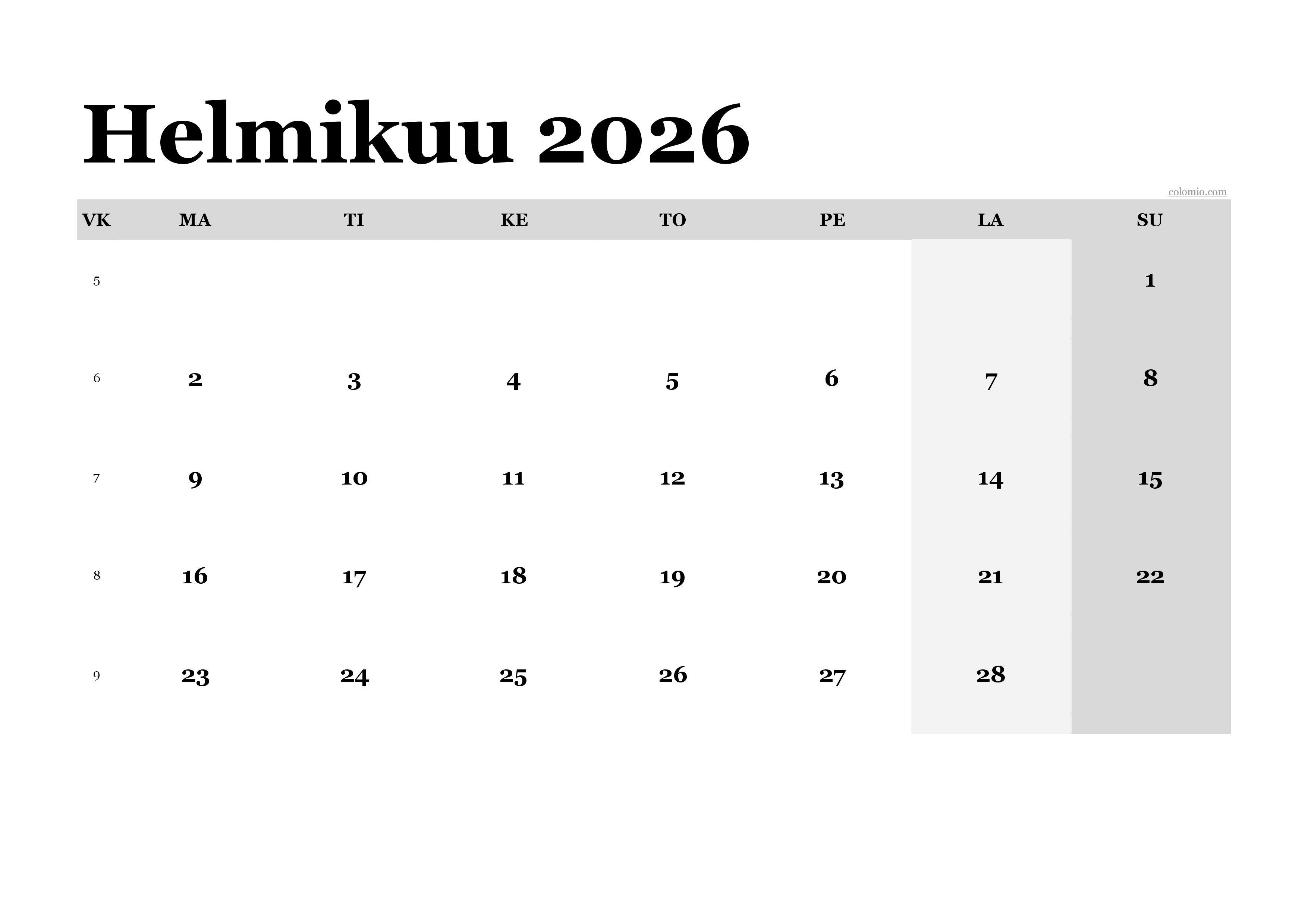 Kalenteri helmikuu 2026 klassinen, vaakasuuntainen PDF tulostettavaksi Kalenteri helmikuu 2026 klassinen, vaakasuuntainen PDF tulostettavaksi