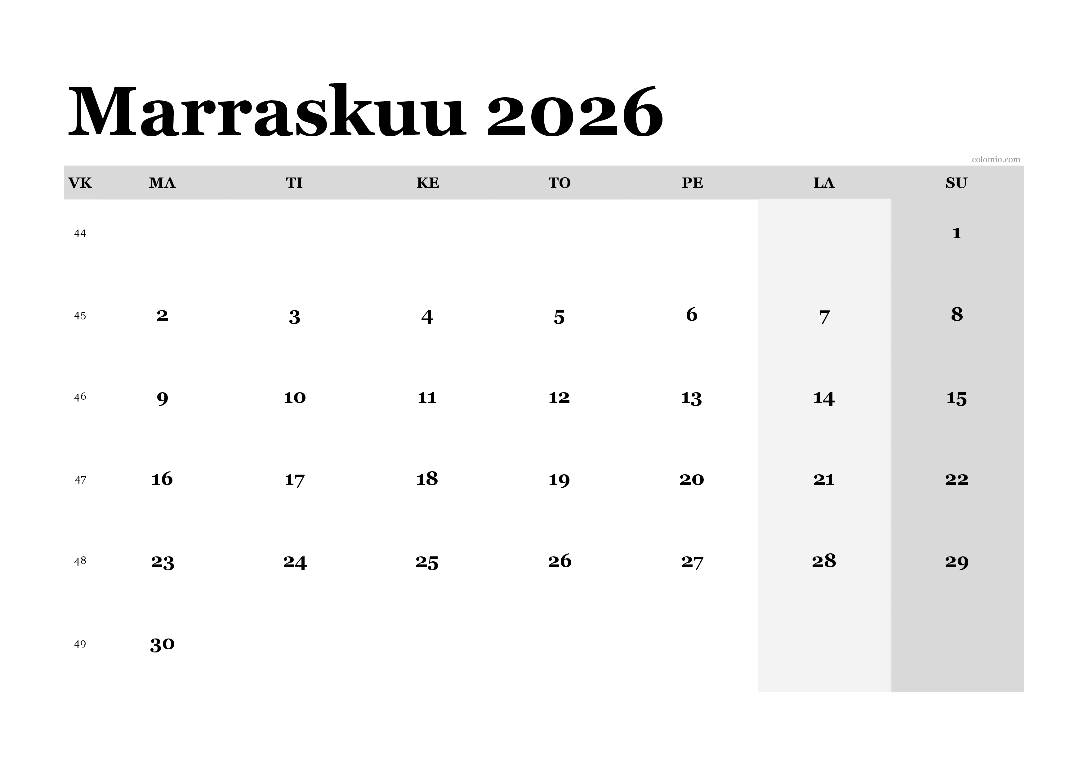 Marraskuu 2026 Kalenteri Suomi PDF Excel Marraskuu 2026 Kalenteri Suomi PDF Excel