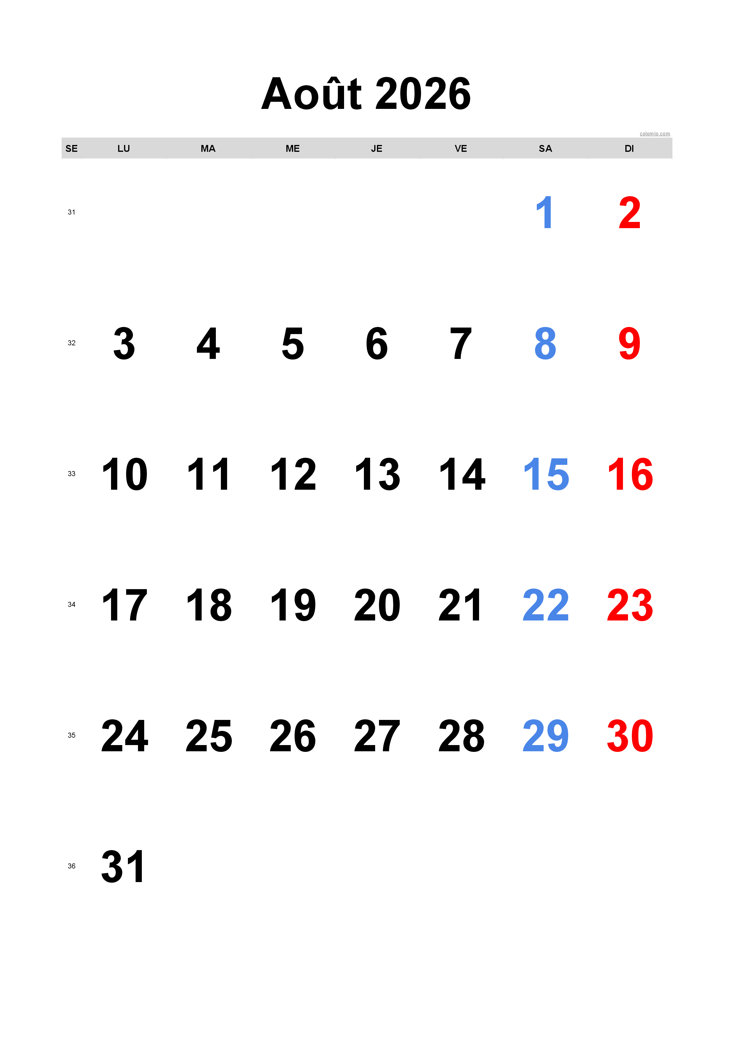 Calendrier août 2026 - format portrait, gratuit à imprimer Calendrier août 2026 - format portrait, gratuit à imprimer