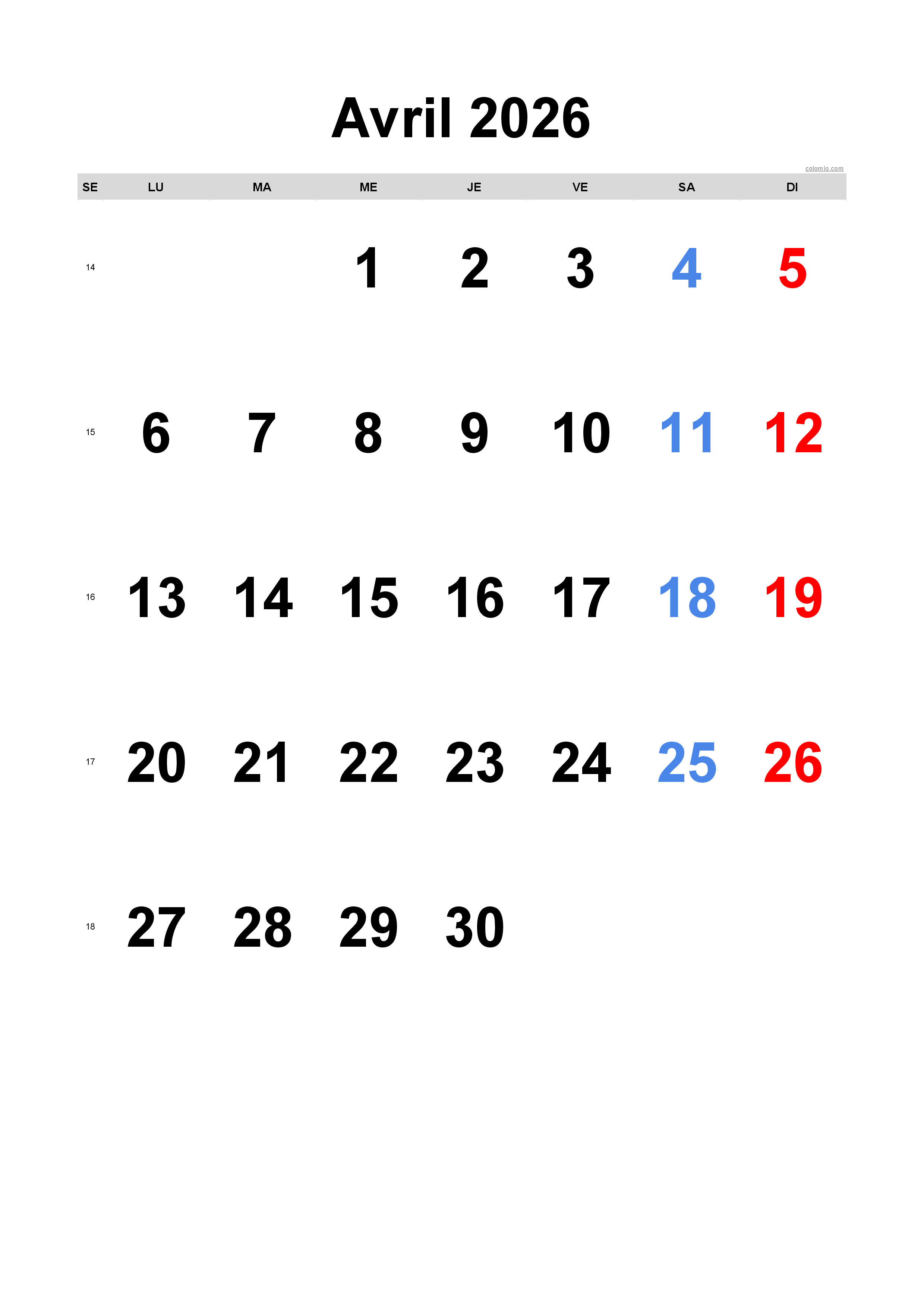 Calendrier avril 2026 - format portrait, gratuit à imprimer Calendrier avril 2026 - format portrait, gratuit à imprimer
