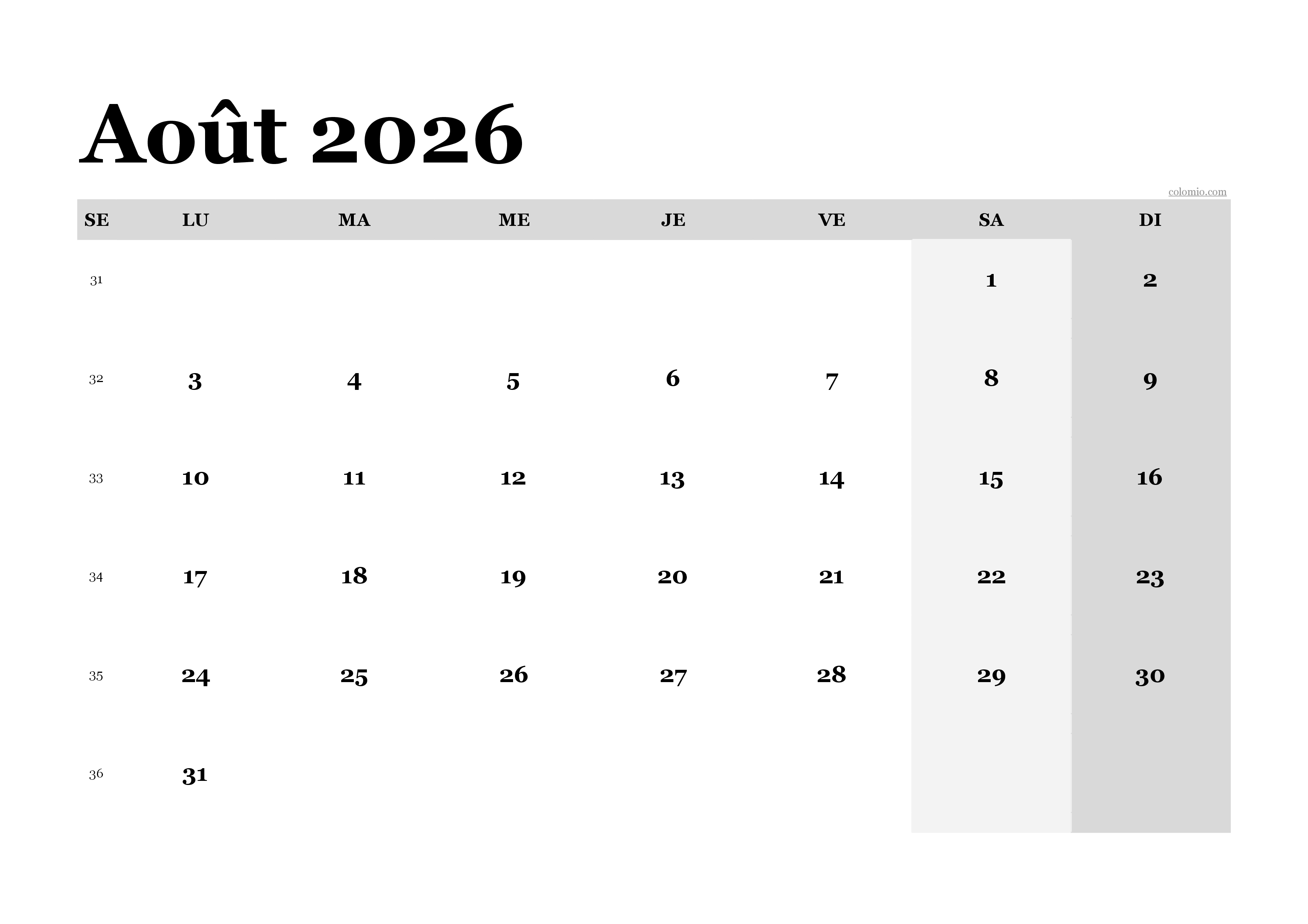 Calendrier août 2026 classique, format paysage PDF à imprimer Calendrier août 2026 classique, format paysage PDF à imprimer