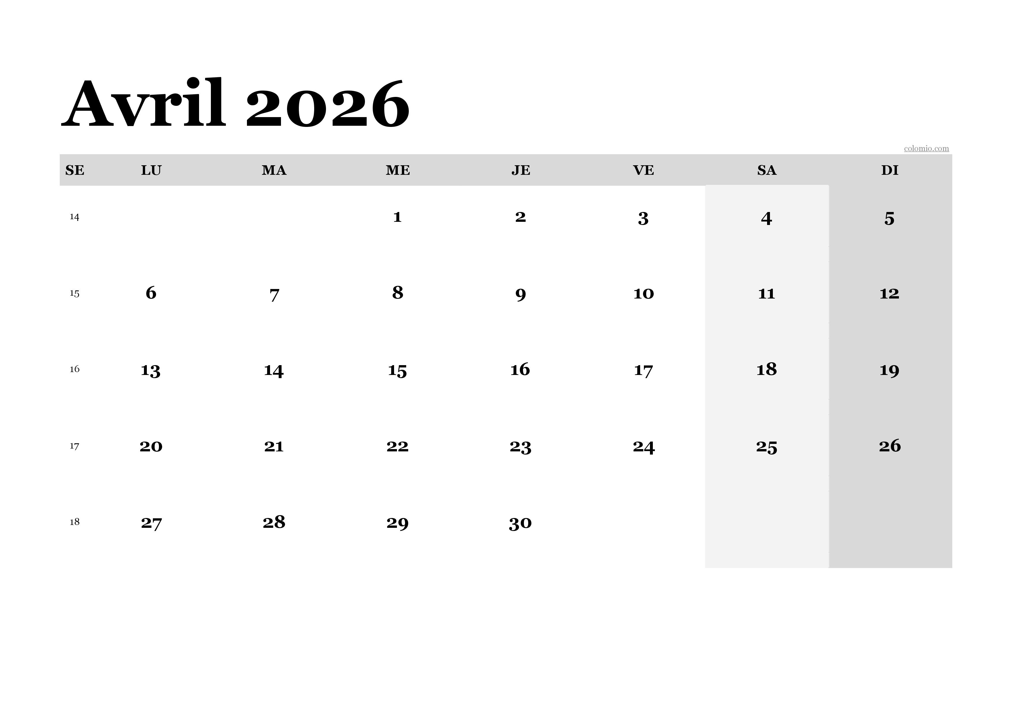 Calendrier avril 2026 classique, format paysage PDF à imprimer Calendrier avril 2026 classique, format paysage PDF à imprimer