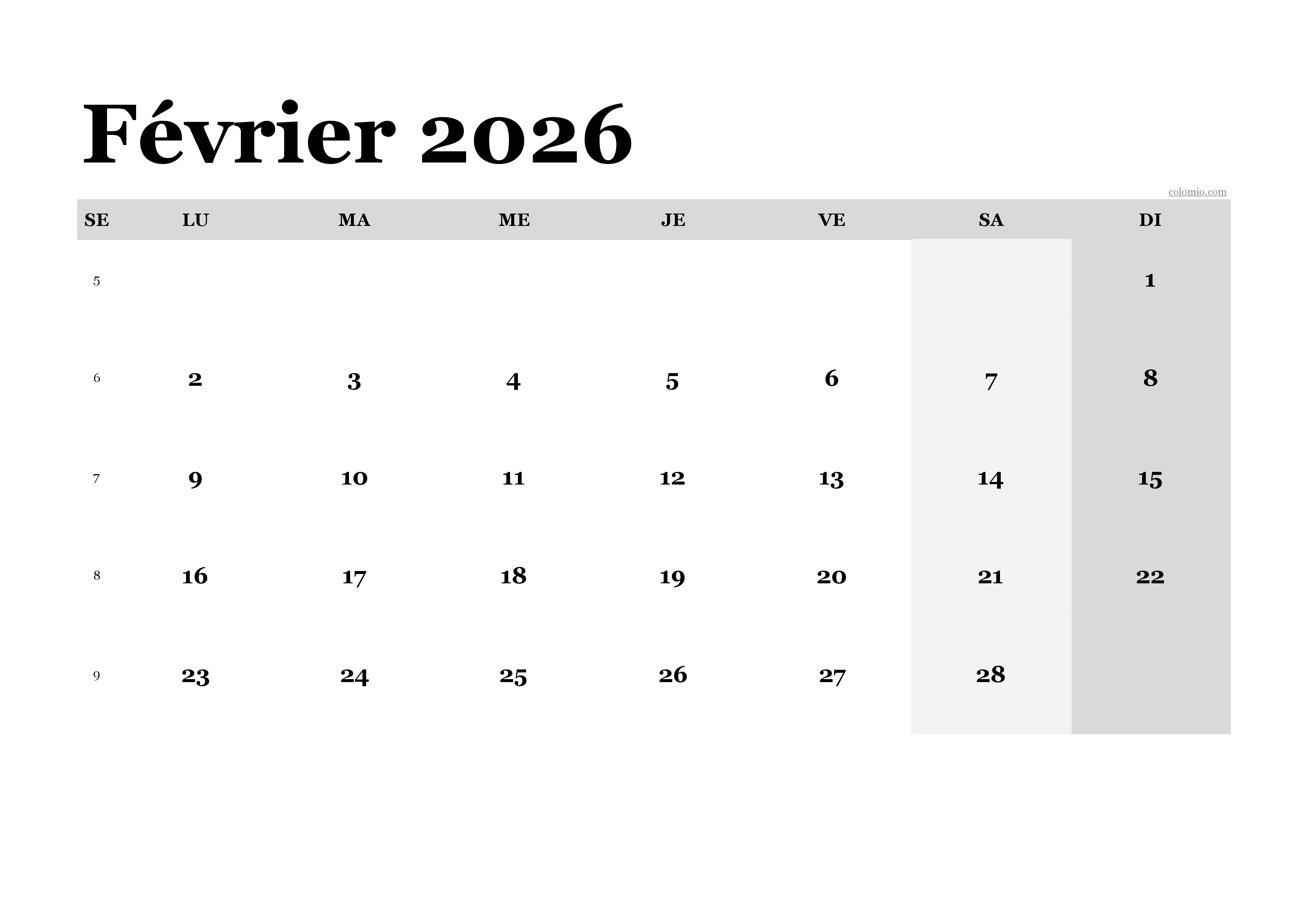 Calendrier février 2026 classique, format paysage PDF à imprimer Calendrier février 2026 classique, format paysage PDF à imprimer
