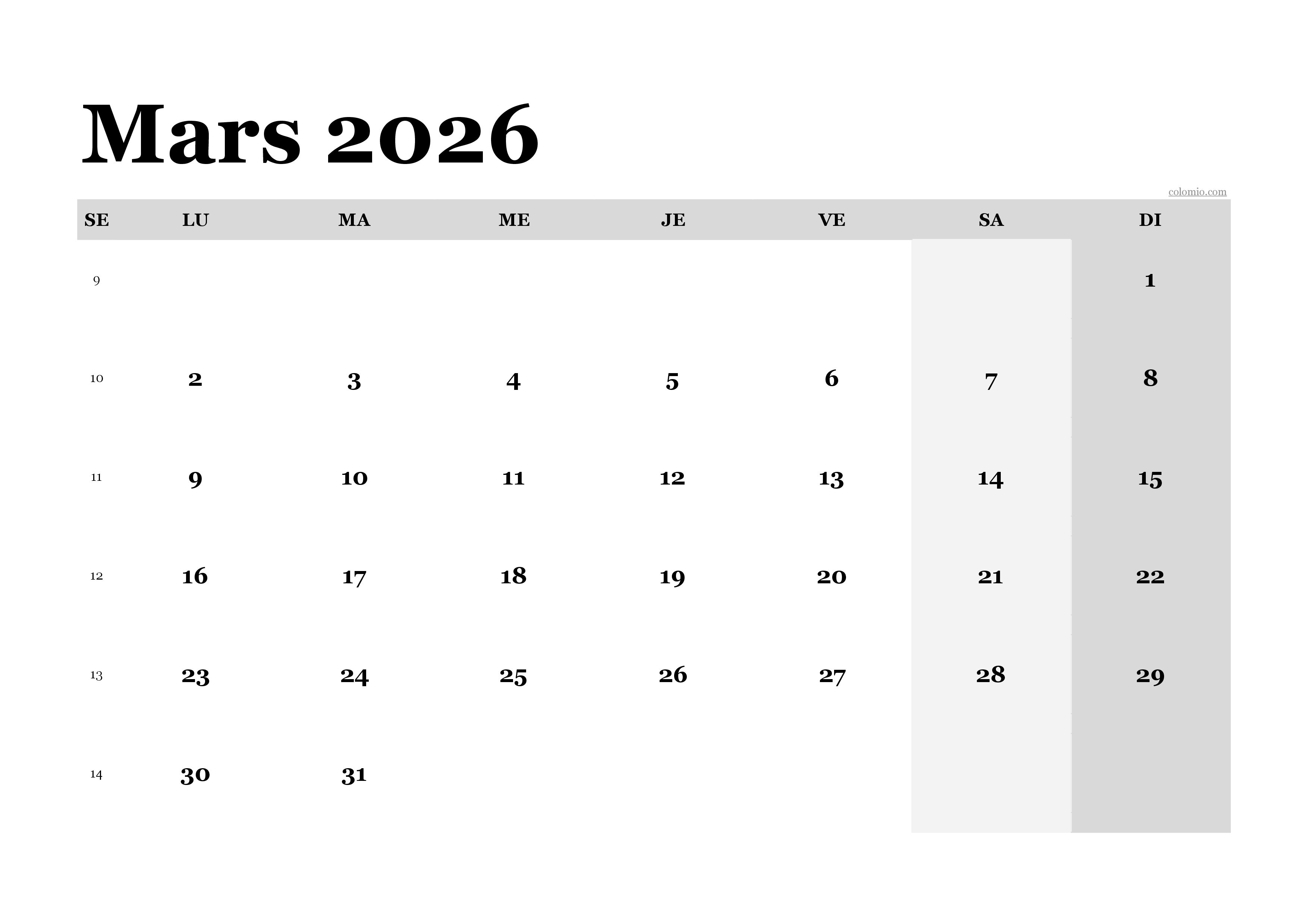 Calendrier mars 2026 classique, format paysage PDF à imprimer Calendrier mars 2026 classique, format paysage PDF à imprimer