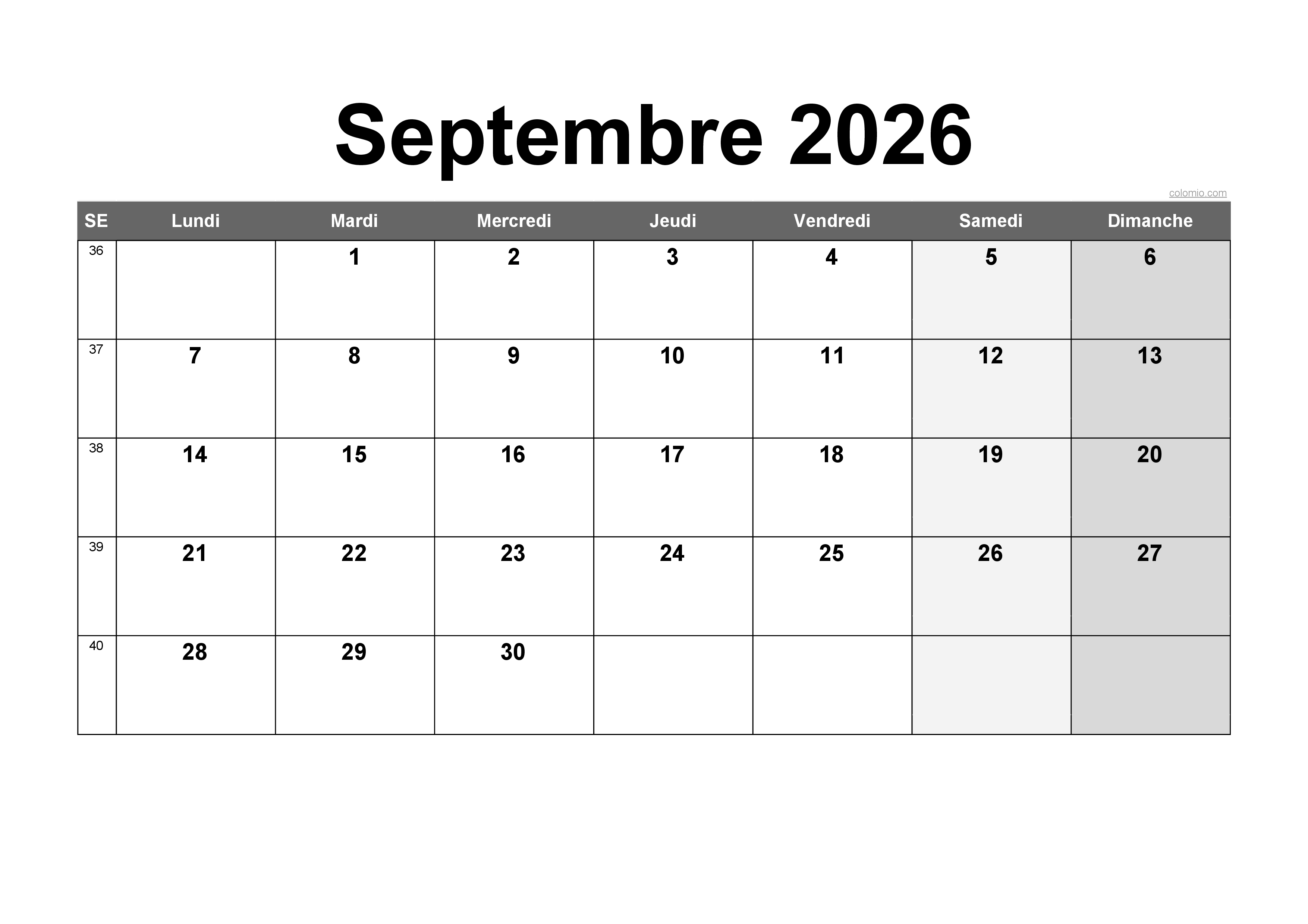 Septembre 2026 Calendrier France PDF Excel Gratuit