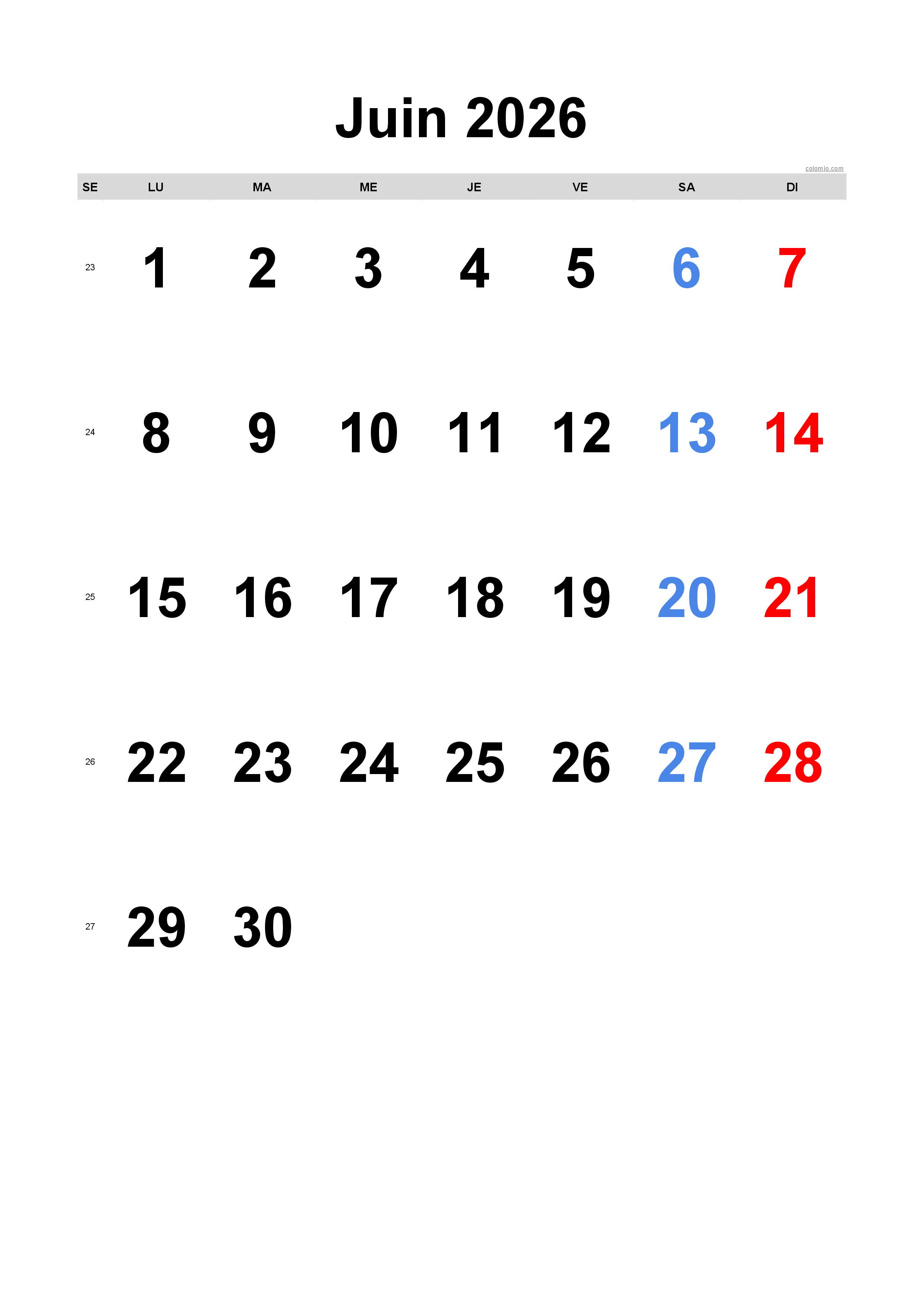 Calendrier juin 2026 - format portrait, gratuit à imprimer Calendrier juin 2026 - format portrait, gratuit à imprimer