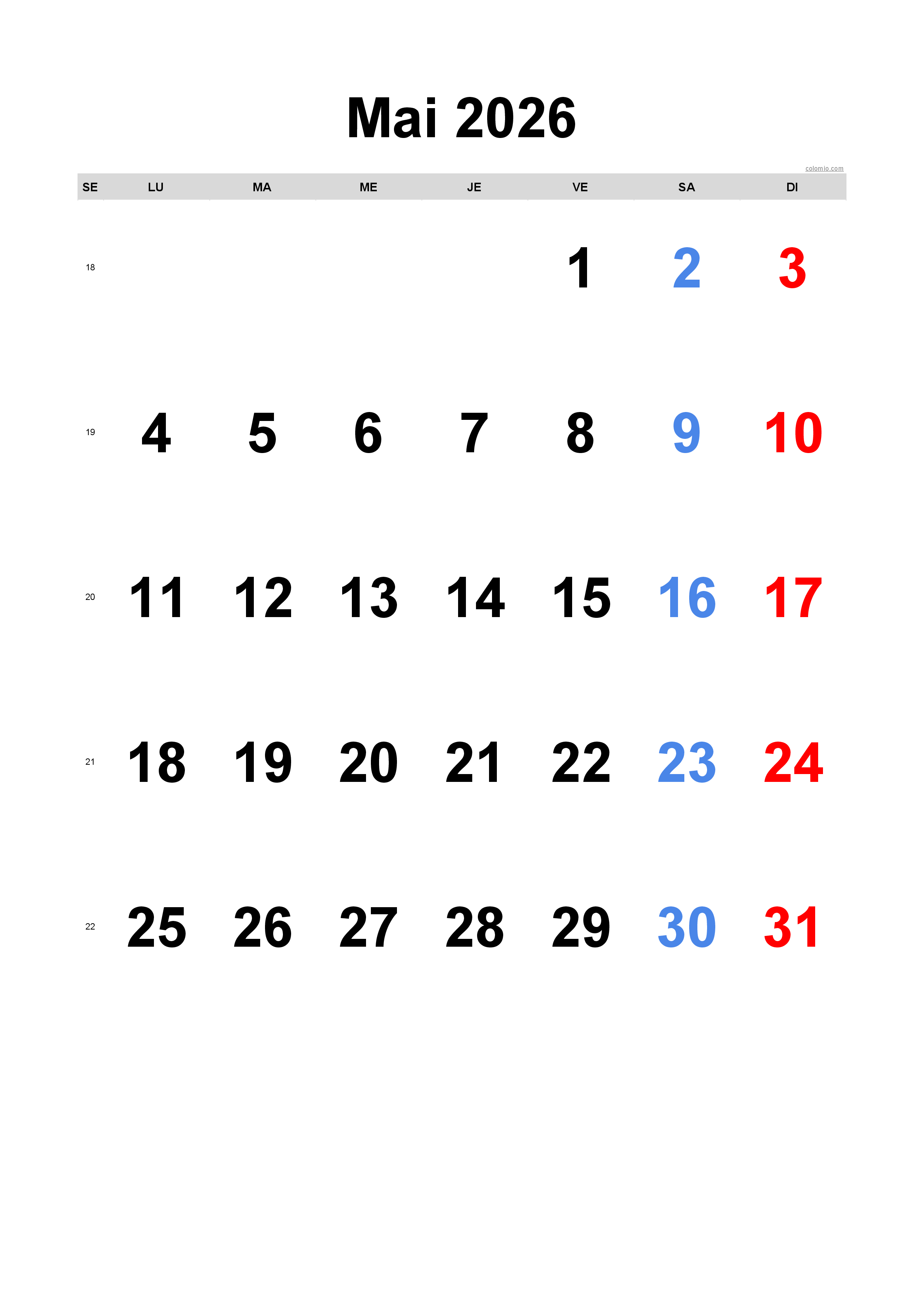 Calendrier mai 2026 - portrait, gratuit à imprimer Calendrier mai 2026 - portrait, gratuit à imprimer