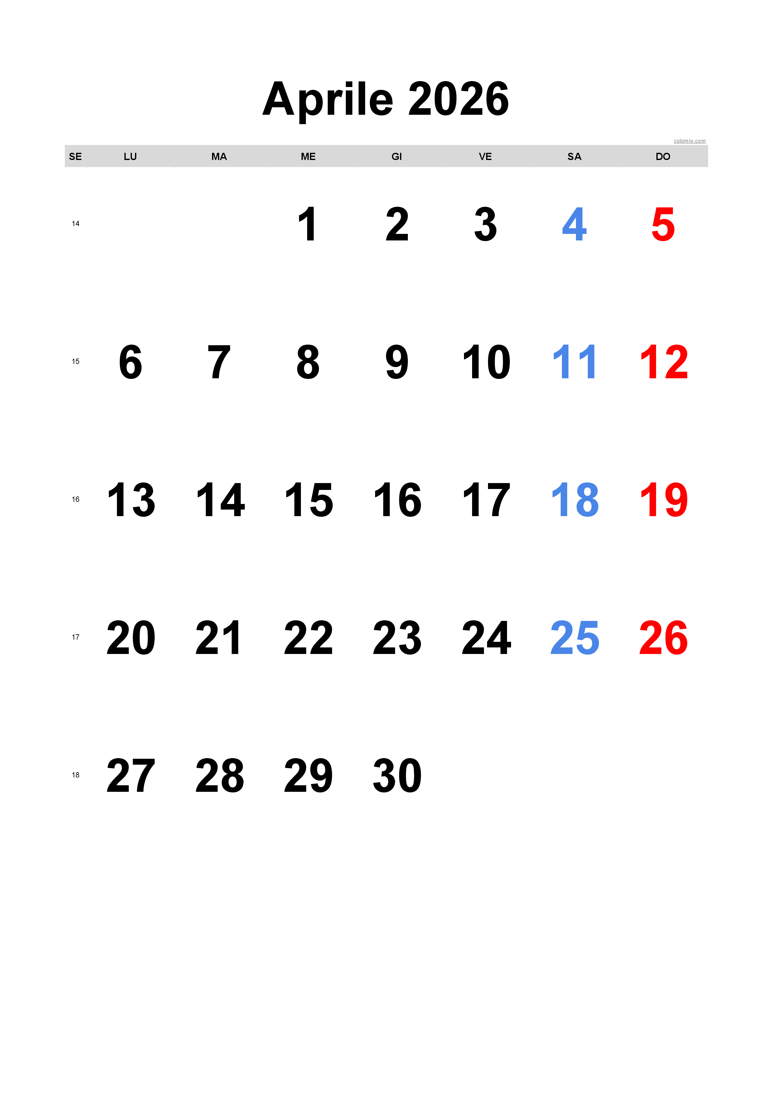 Calendario aprile 2026 - orientamento verticale, gratuito da stampare Calendario aprile 2026 - orientamento verticale, gratuito da stampare