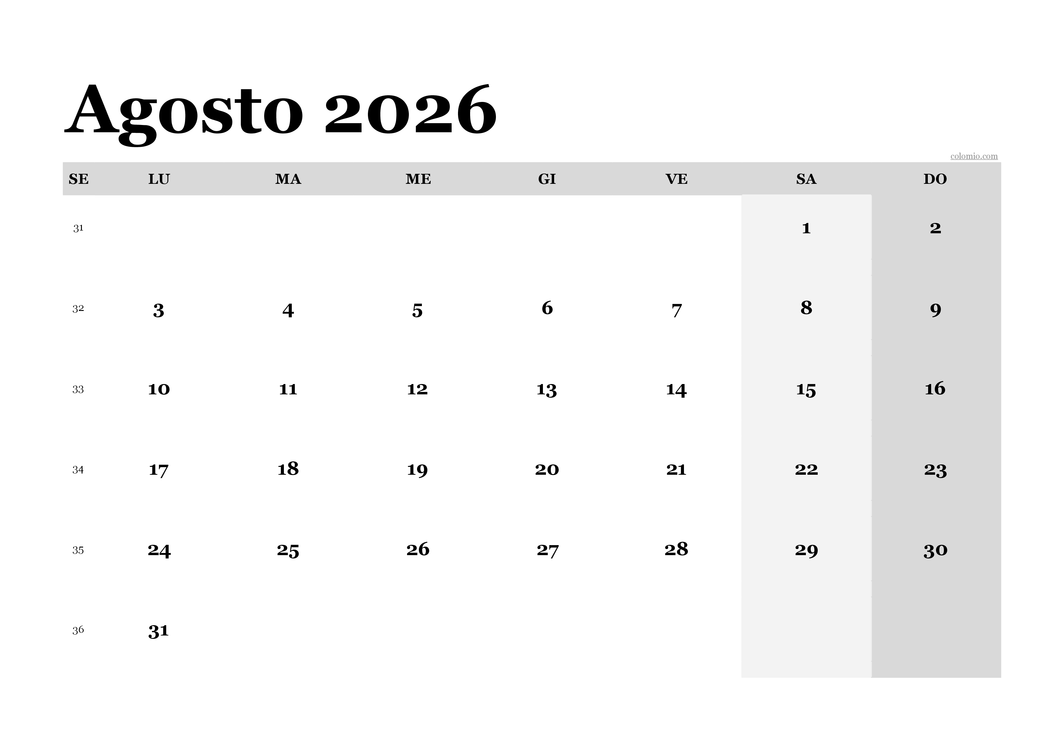 Calendario agosto 2026 classico, PDF orizzontale da stampare Calendario agosto 2026 classico, PDF orizzontale da stampare