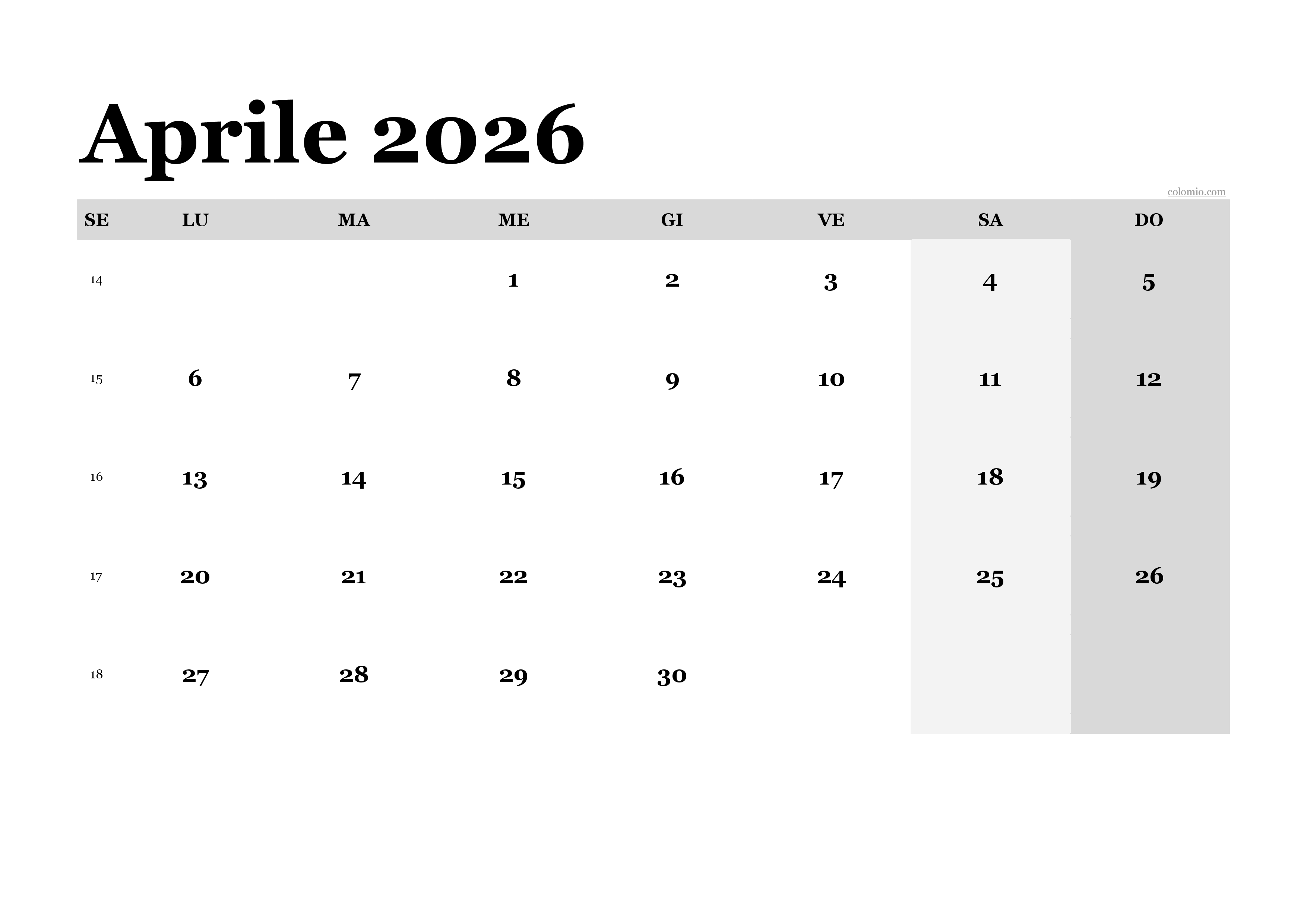 Calendario aprile 2026 classico, orientamento orizzontale PDF da stampare Calendario aprile 2026 classico, orientamento orizzontale PDF da stampare