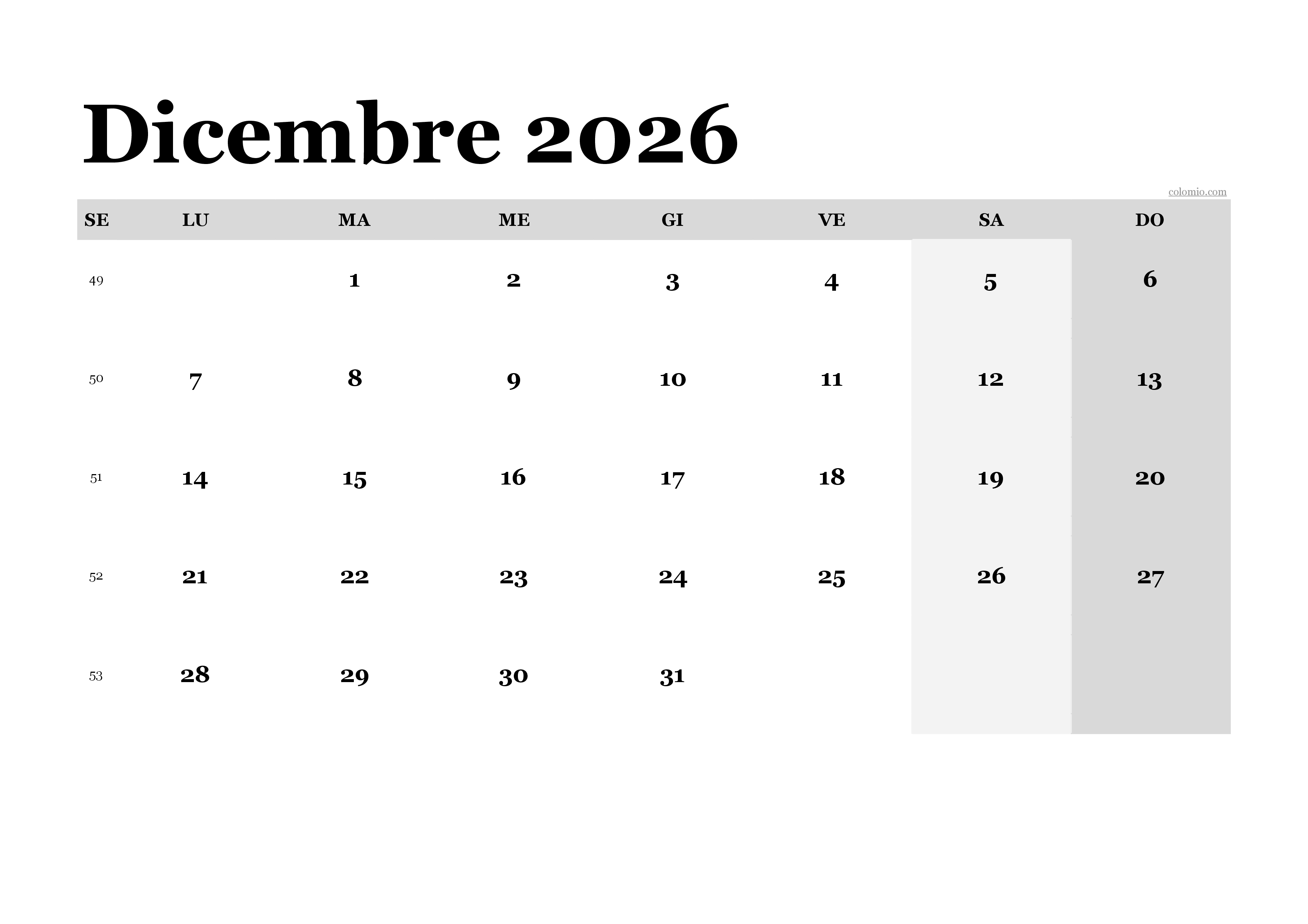 Calendario dicembre 2026 classico, PDF orizzontale da stampare Calendario dicembre 2026 classico, PDF orizzontale da stampare