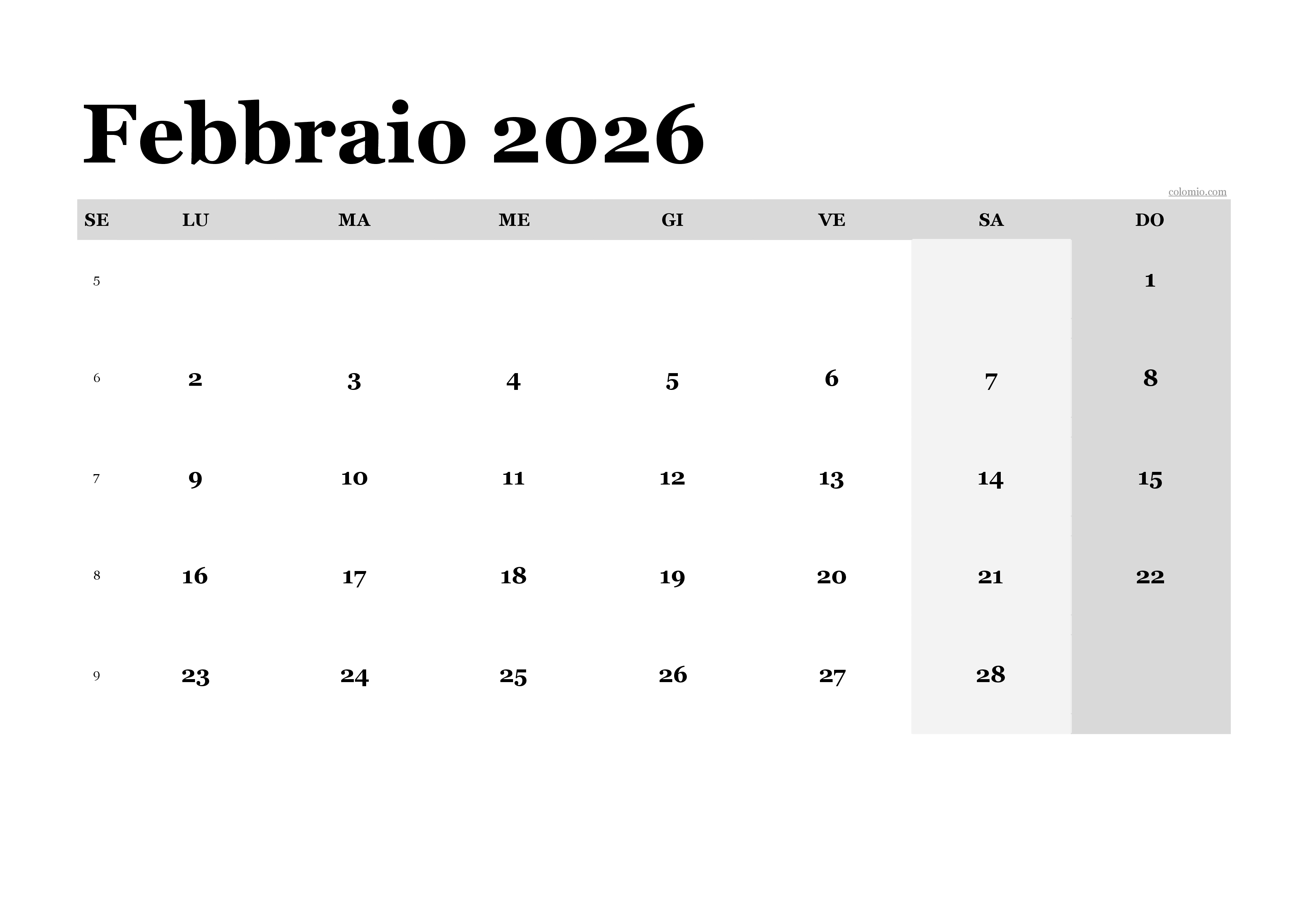Calendario febbraio 2026 classico, orientamento orizzontale PDF da stampare Calendario febbraio 2026 classico, orientamento orizzontale PDF da stampare