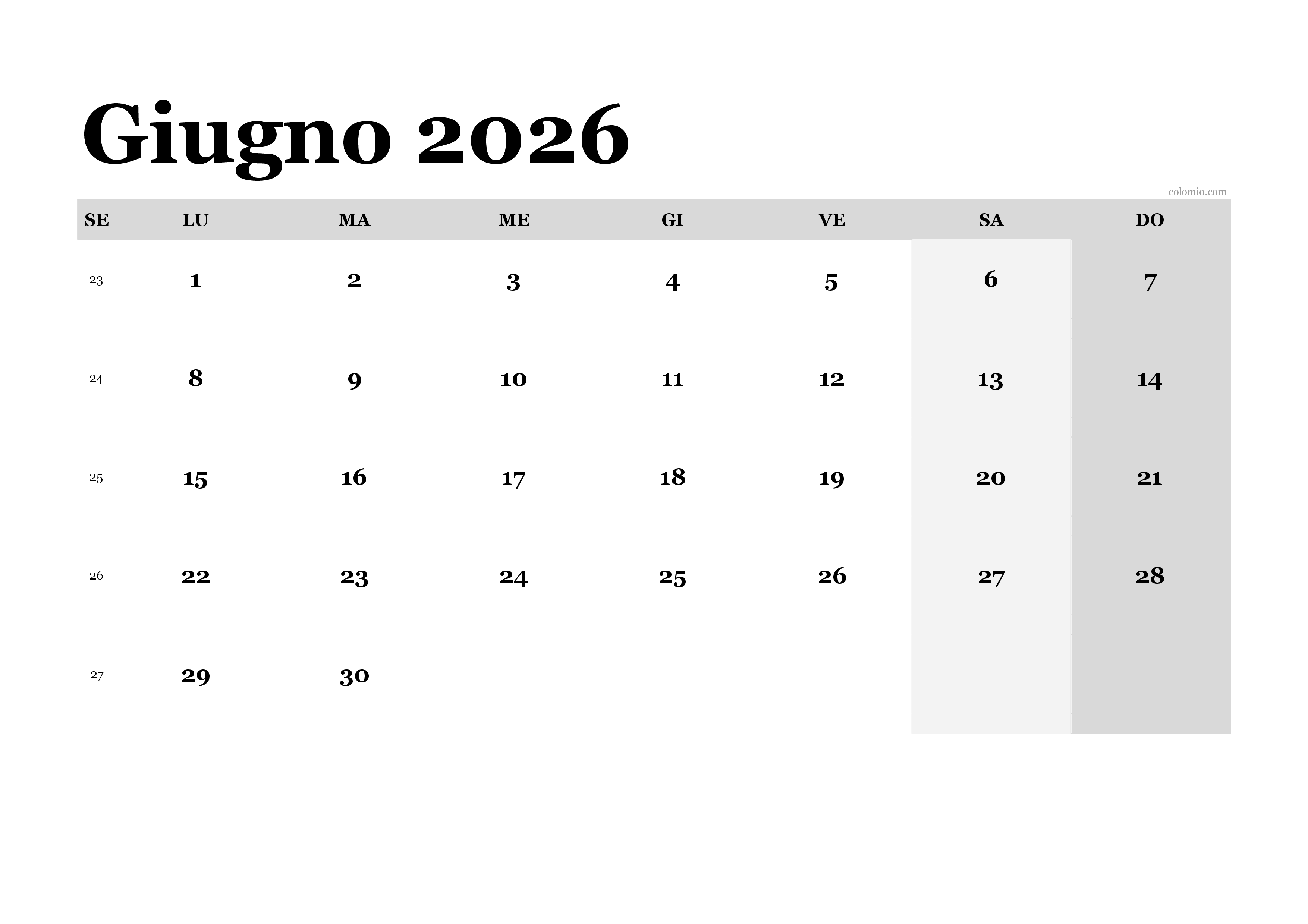 Calendario giugno 2026 classico, PDF orizzontale da stampare Calendario giugno 2026 classico, PDF orizzontale da stampare