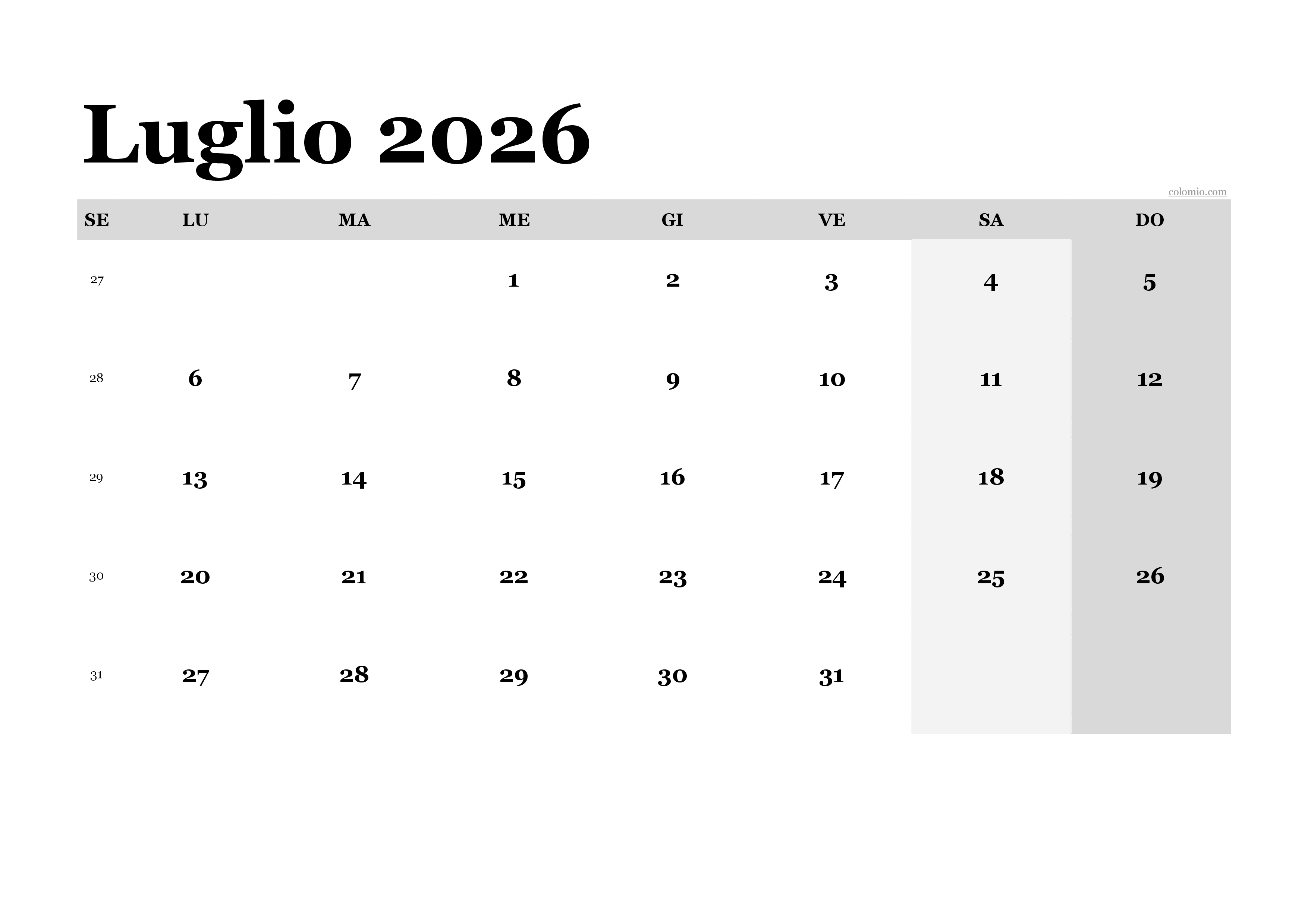Calendario luglio 2026 classico, orientamento orizzontale PDF da stampare Calendario luglio 2026 classico, orientamento orizzontale PDF da stampare