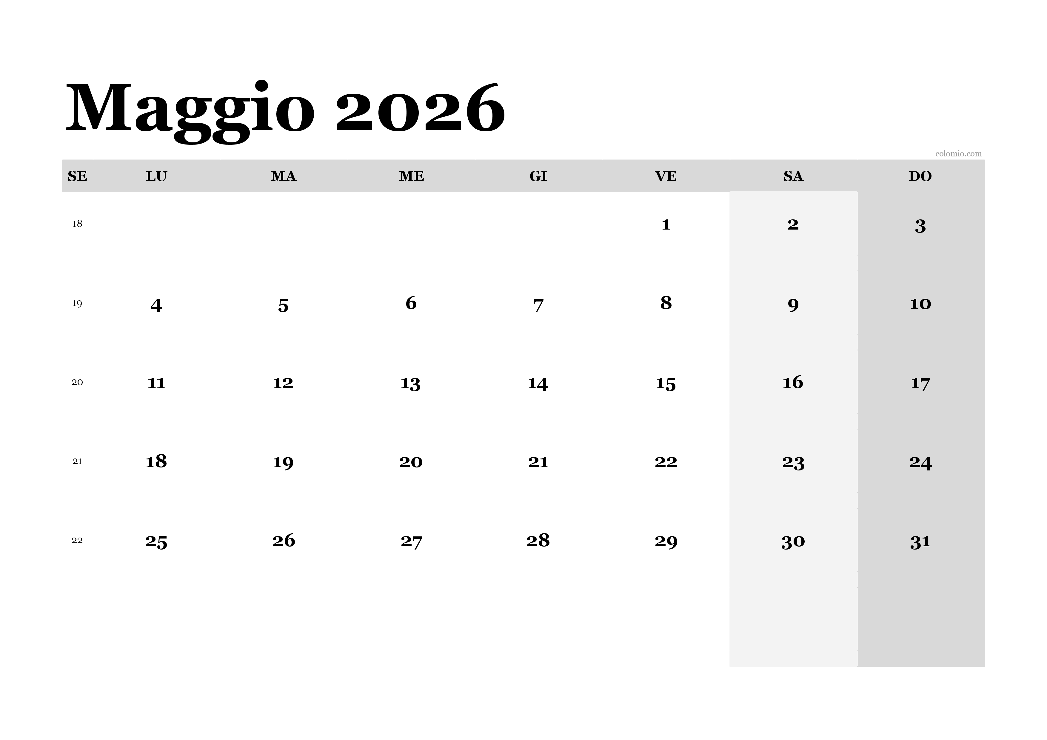 Calendario maggio 2026 classico, orientamento orizzontale PDF da stampare Calendario maggio 2026 classico, orientamento orizzontale PDF da stampare