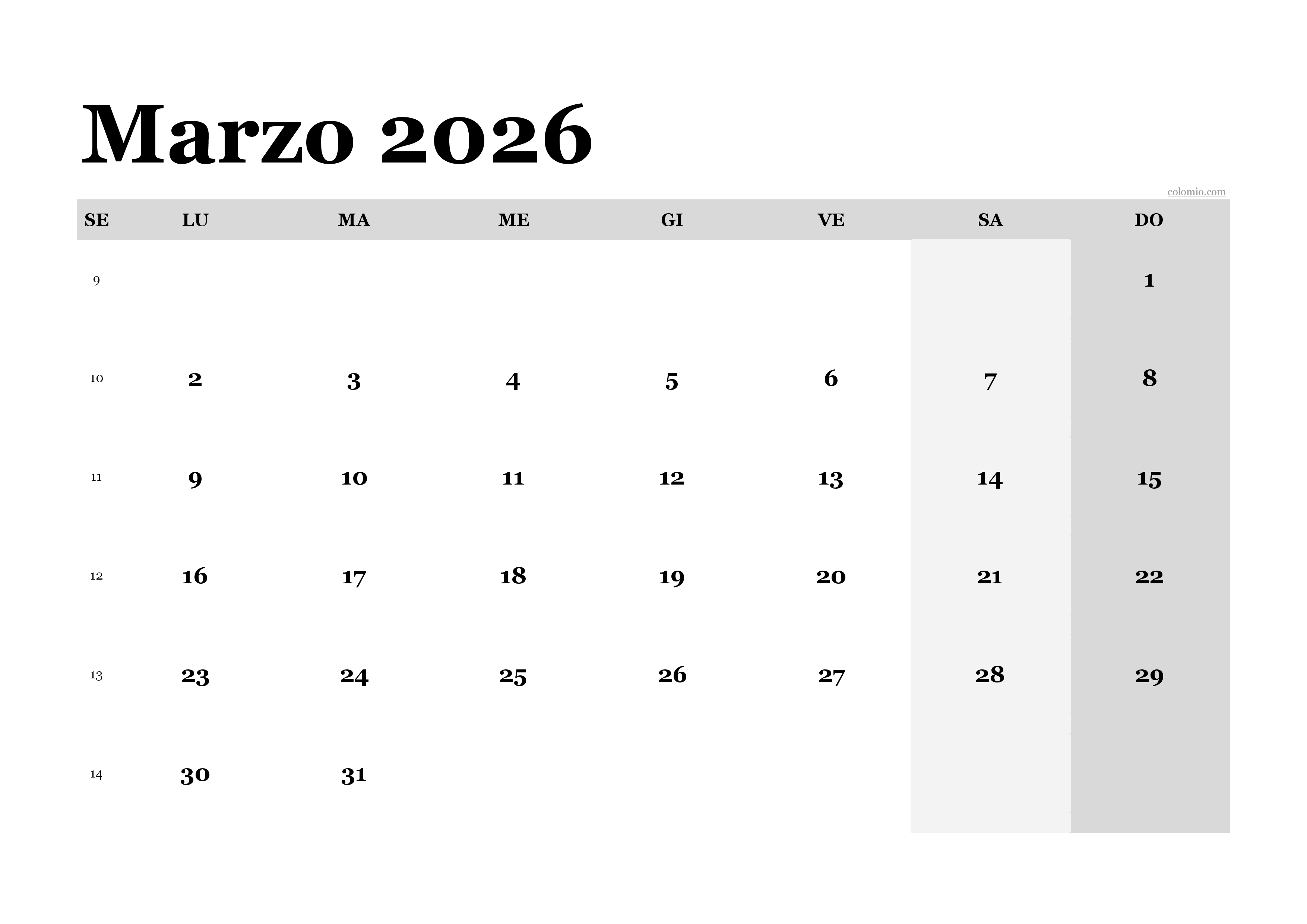 Calendario marzo 2026 classico, formato orizzontale PDF da stampare Calendario marzo 2026 classico, formato orizzontale PDF da stampare