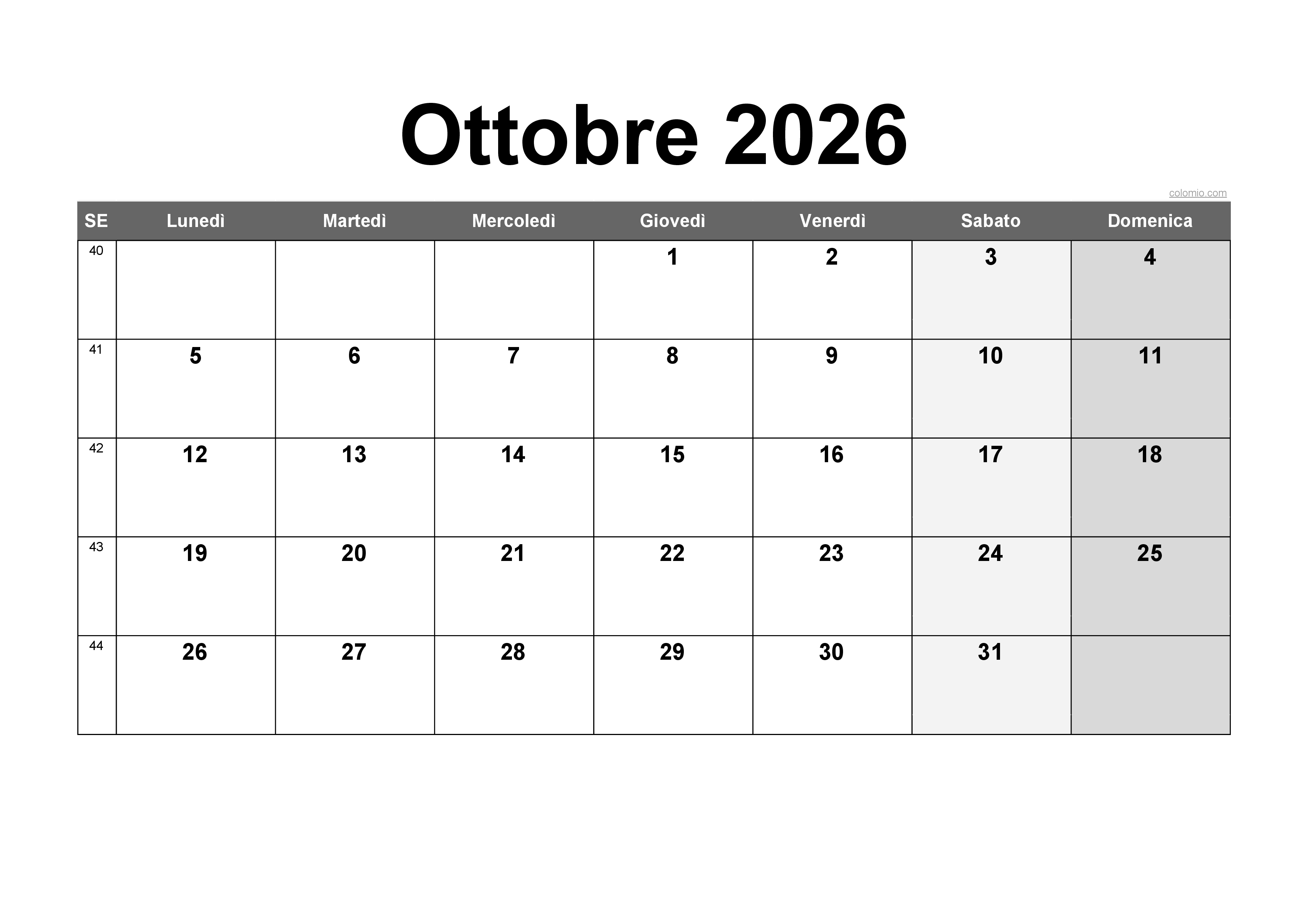Ottobre 2026 Calendario Italia PDF Excel Gratis Ottobre 2026 Calendario Italia PDF Excel Gratis