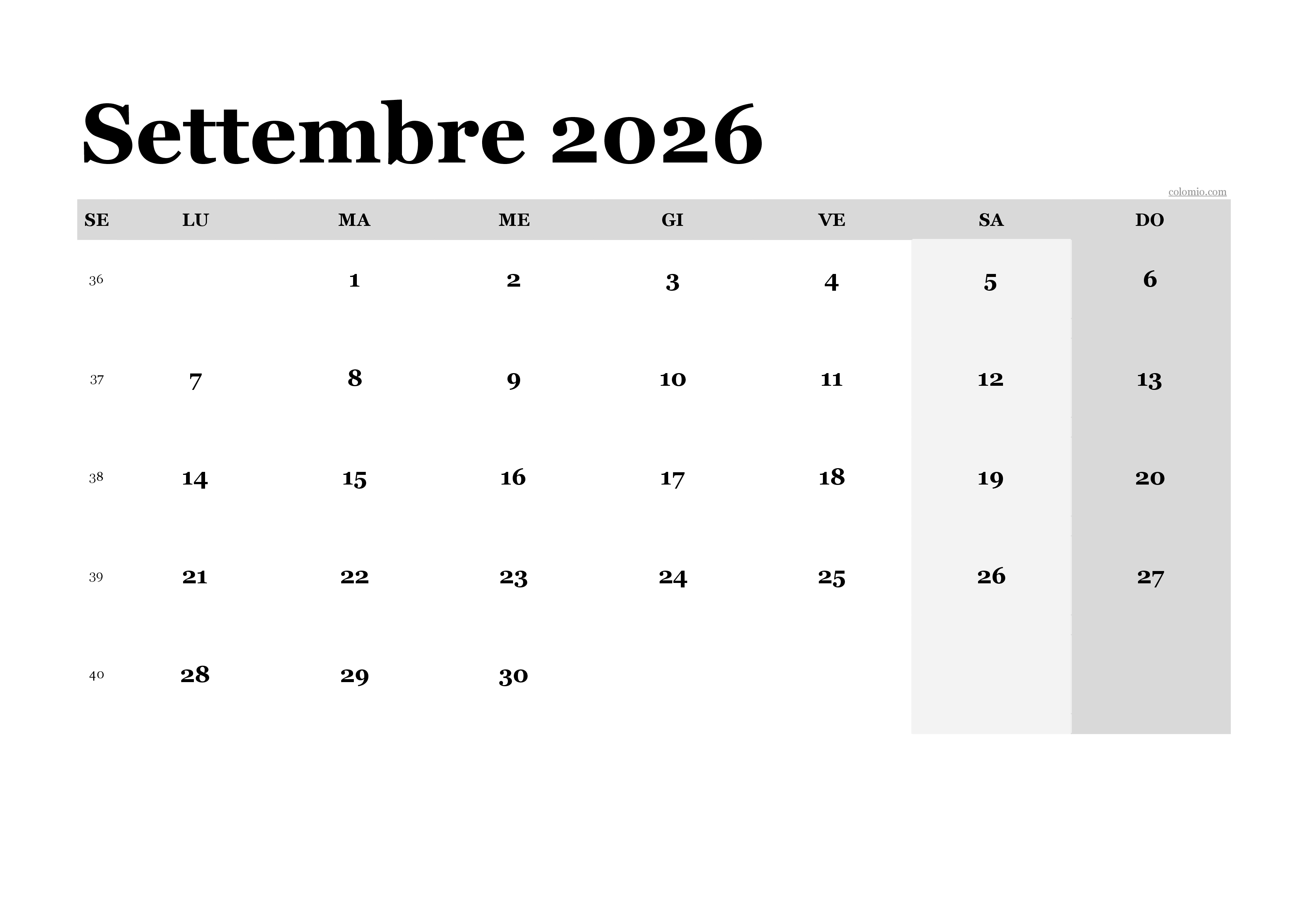 Calendario settembre 2026 classico, PDF orizzontale da stampare Calendario settembre 2026 classico, PDF orizzontale da stampare
