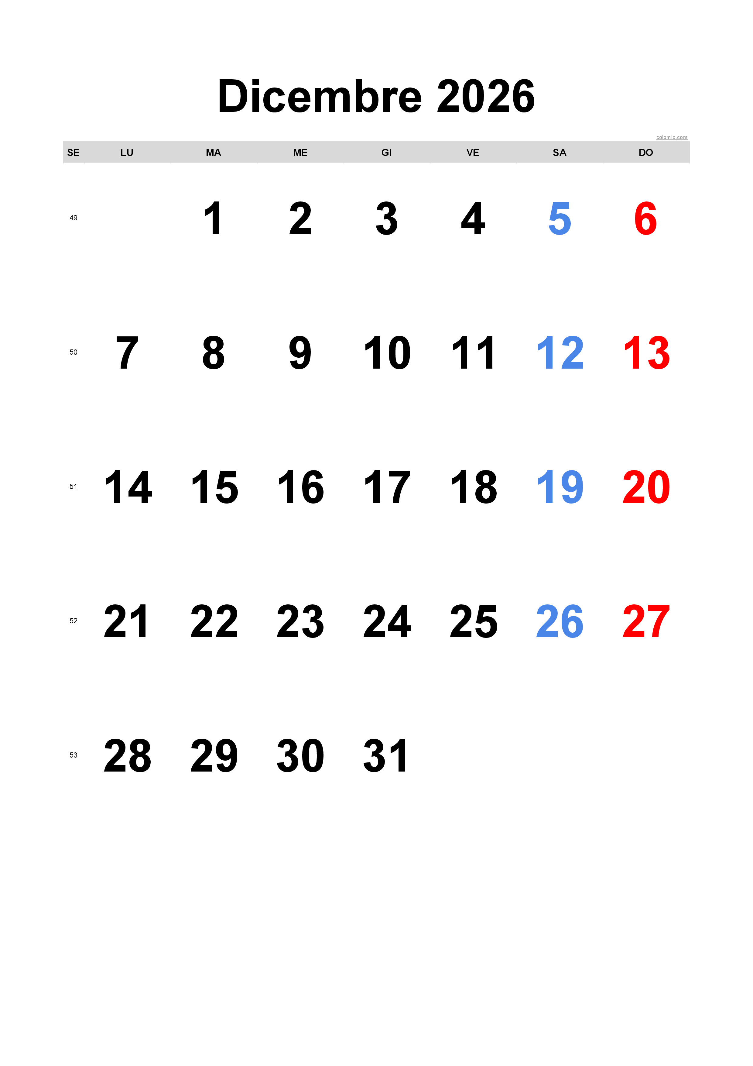 Calendario dicembre 2026 - formato verticale, gratuito da stampare Calendario dicembre 2026 - formato verticale, gratuito da stampare