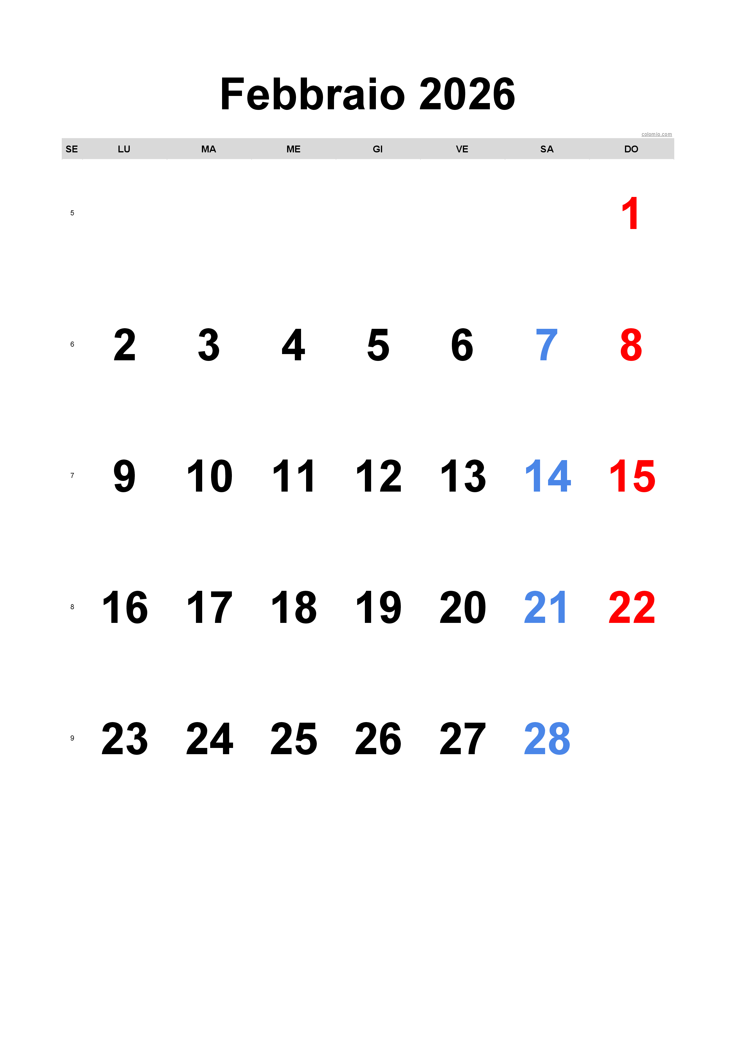 Calendario febbraio 2026 - orientamento verticale, gratuito da stampare Calendario febbraio 2026 - orientamento verticale, gratuito da stampare