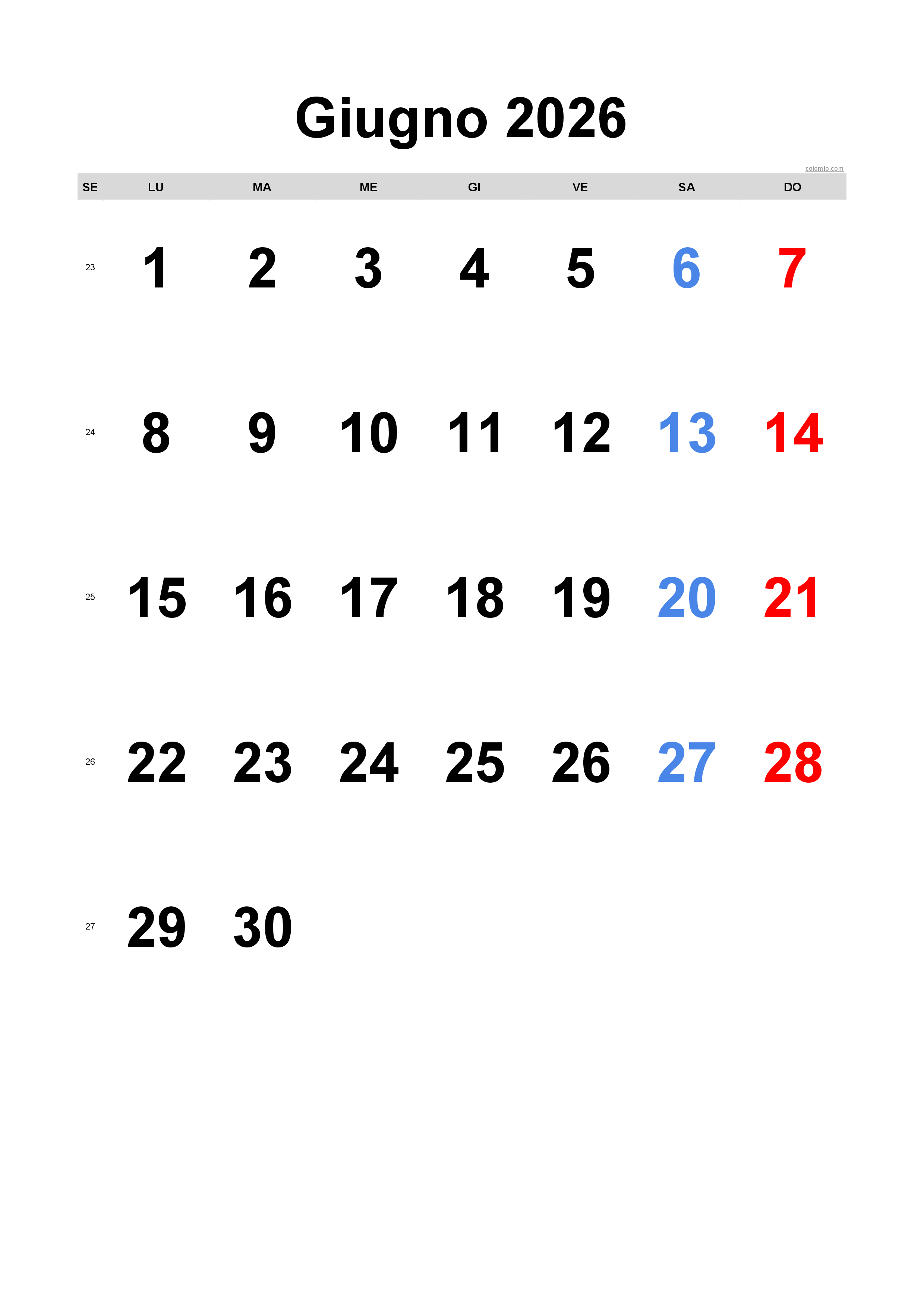 Calendario giugno 2026 - orientamento verticale, gratuito da stampare Calendario giugno 2026 - orientamento verticale, gratuito da stampare