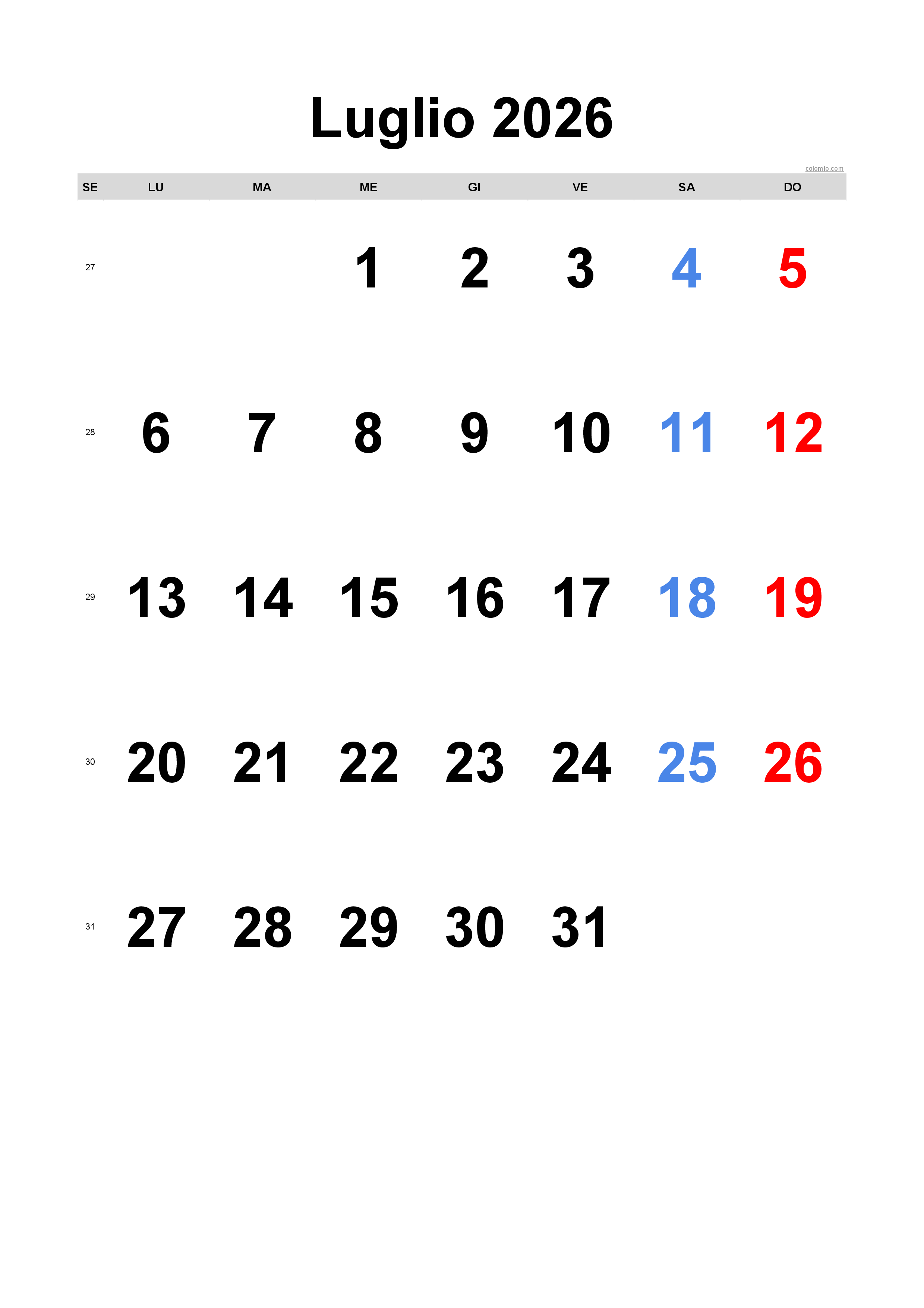 Calendario luglio 2026 - orientamento verticale, gratuito da stampare Calendario luglio 2026 - orientamento verticale, gratuito da stampare