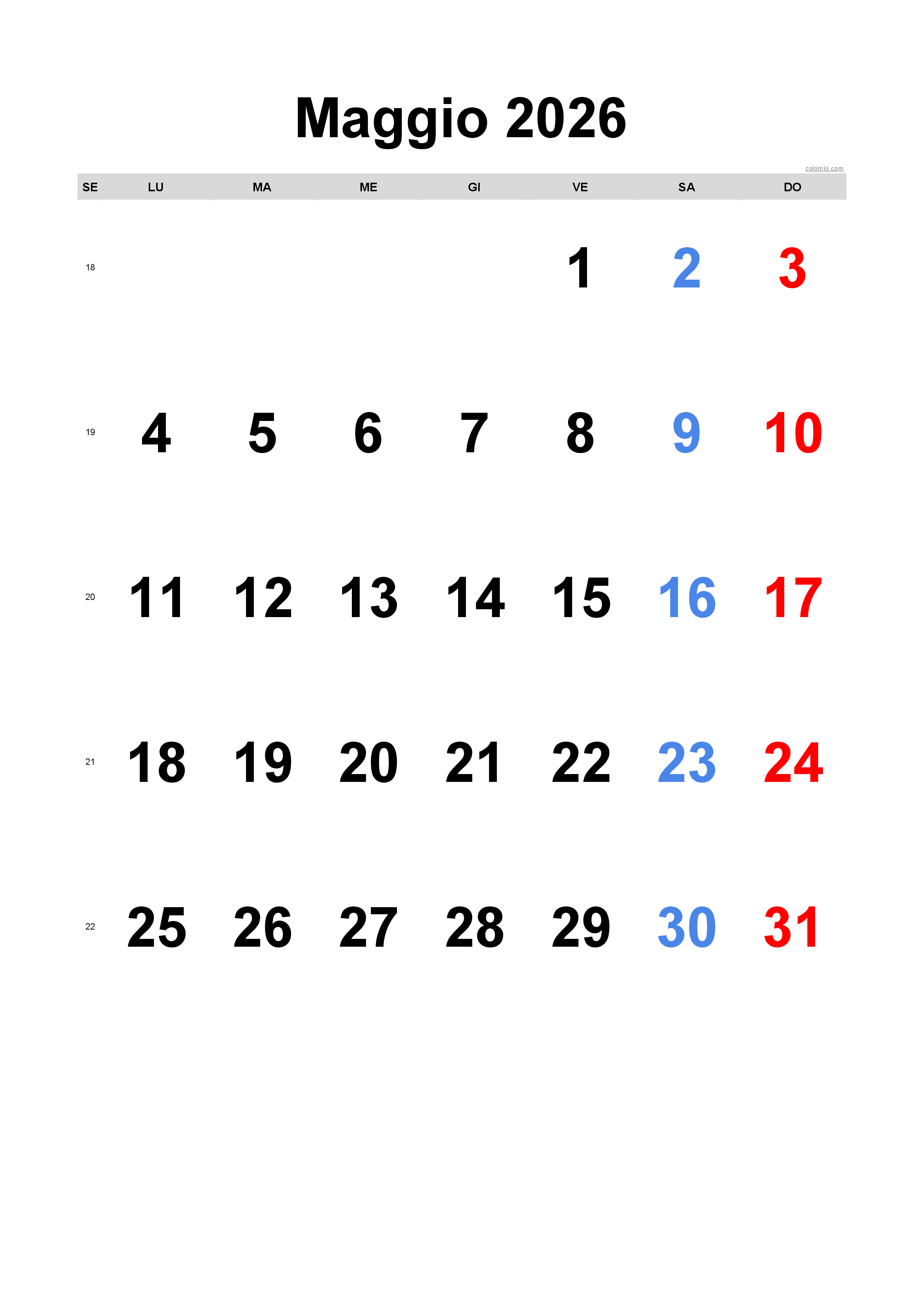 Calendario maggio 2026 - orientamento verticale, gratuito da stampare Calendario maggio 2026 - orientamento verticale, gratuito da stampare