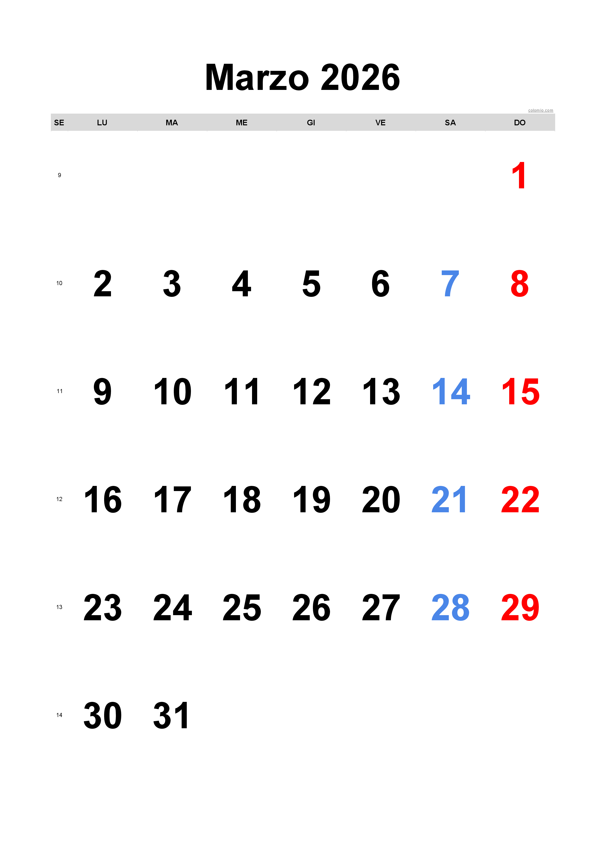 Calendario marzo 2026 - formato verticale, gratuito da stampare Calendario marzo 2026 - formato verticale, gratuito da stampare