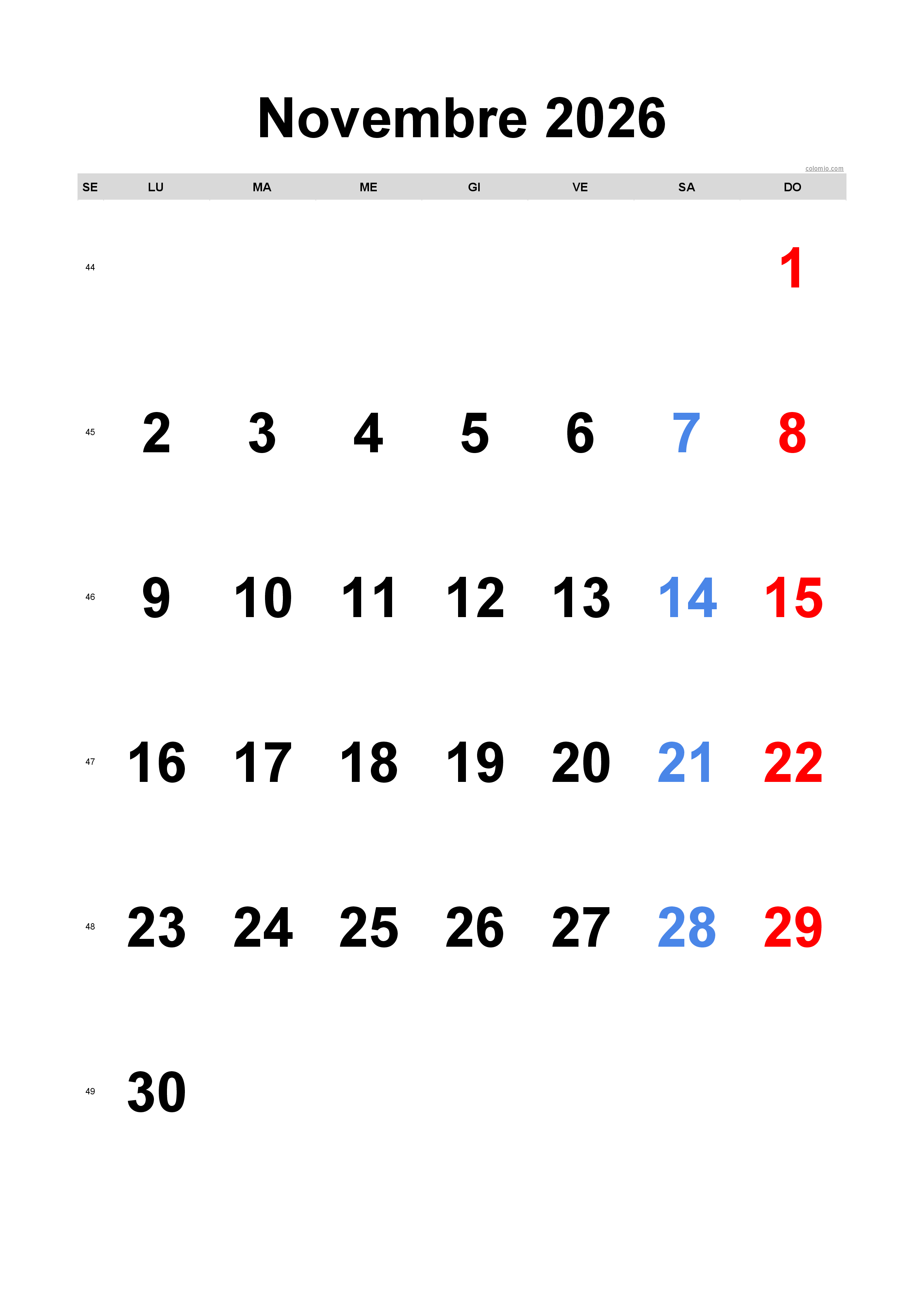 Calendario novembre 2026 - orientamento verticale, gratuito da stampare Calendario novembre 2026 - orientamento verticale, gratuito da stampare