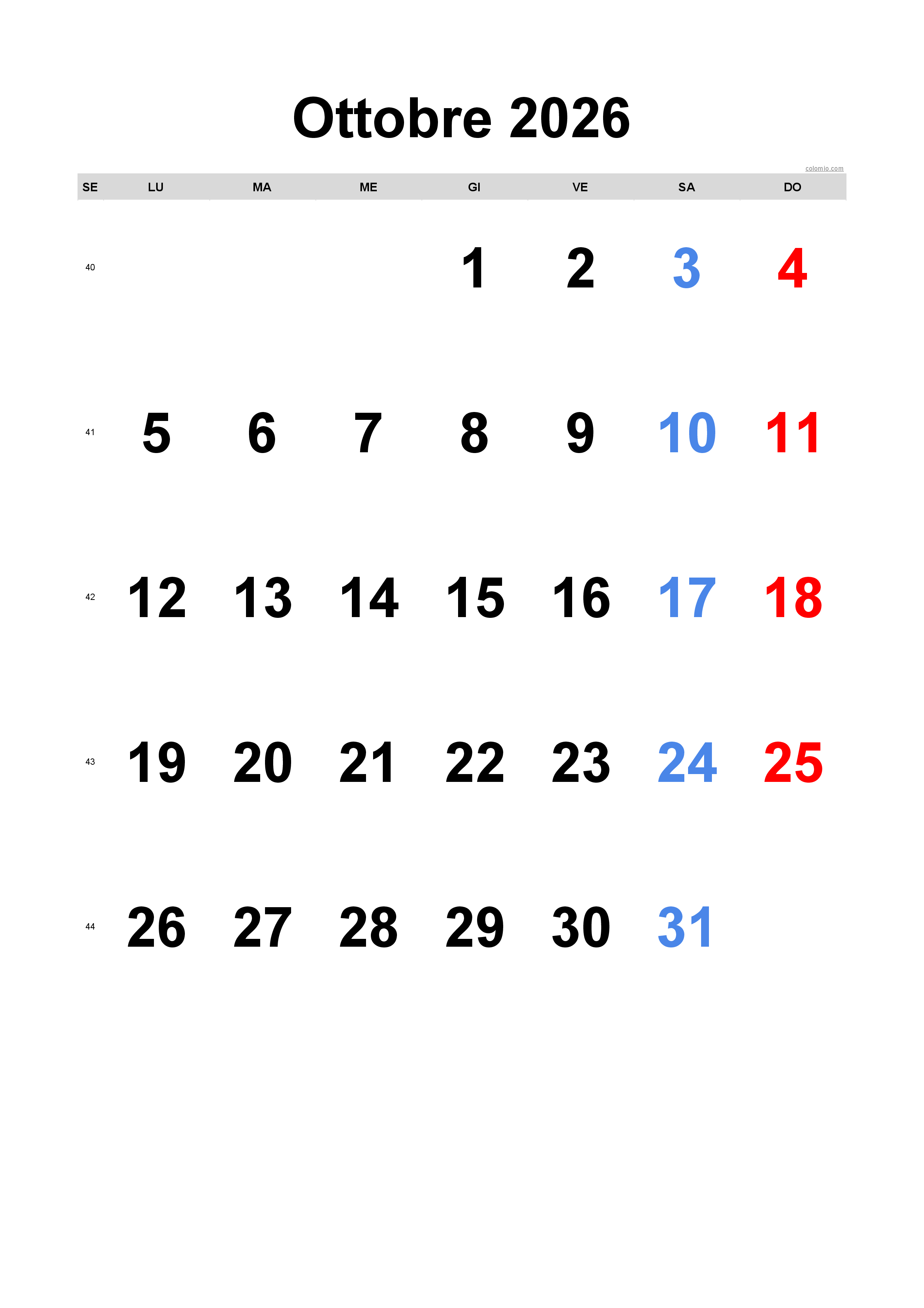 Calendario ottobre 2026 - orientamento verticale, gratuito da stampare Calendario ottobre 2026 - orientamento verticale, gratuito da stampare