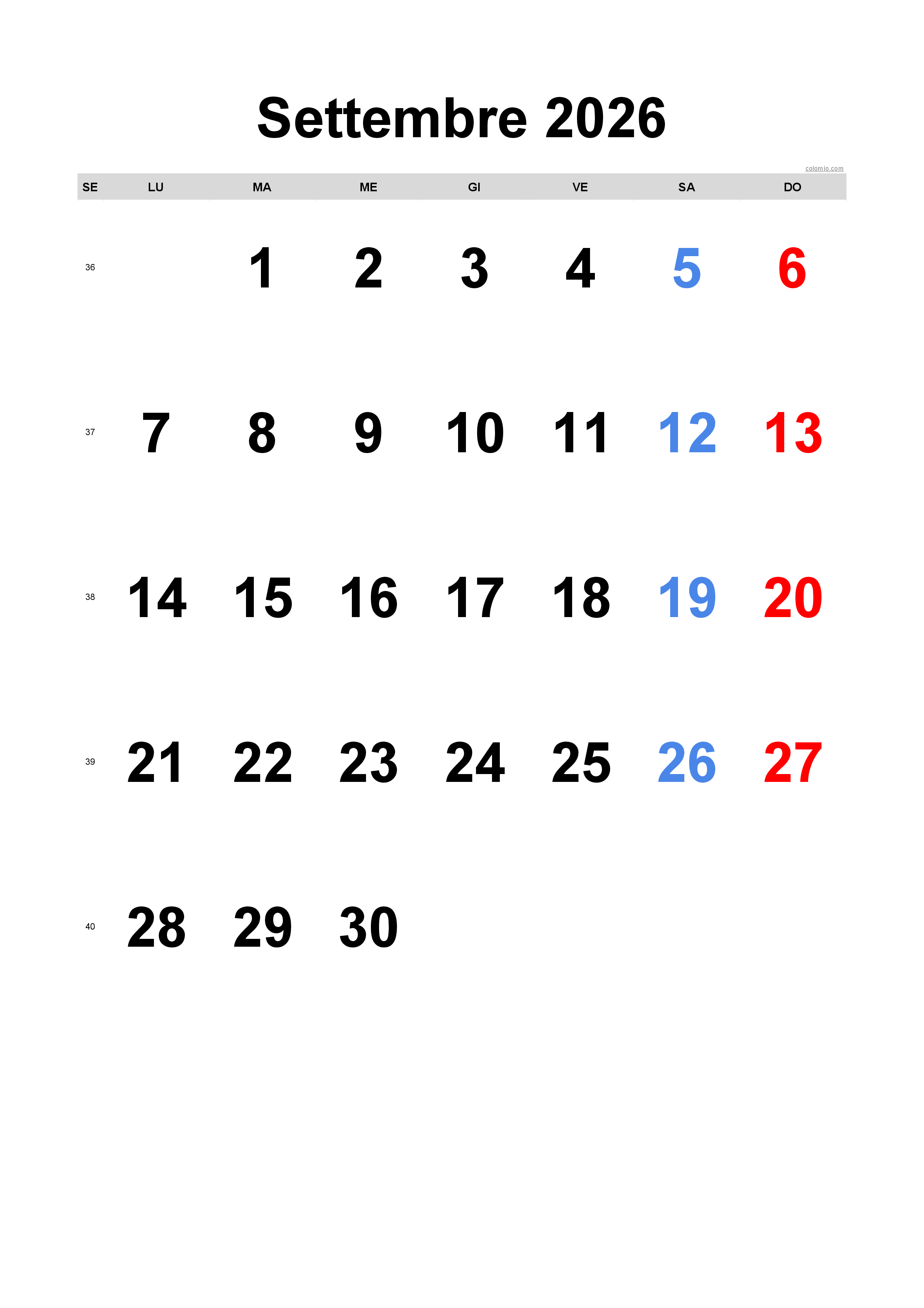 Calendario settembre 2026 - formato verticale, gratuito da stampare Calendario settembre 2026 - formato verticale, gratuito da stampare