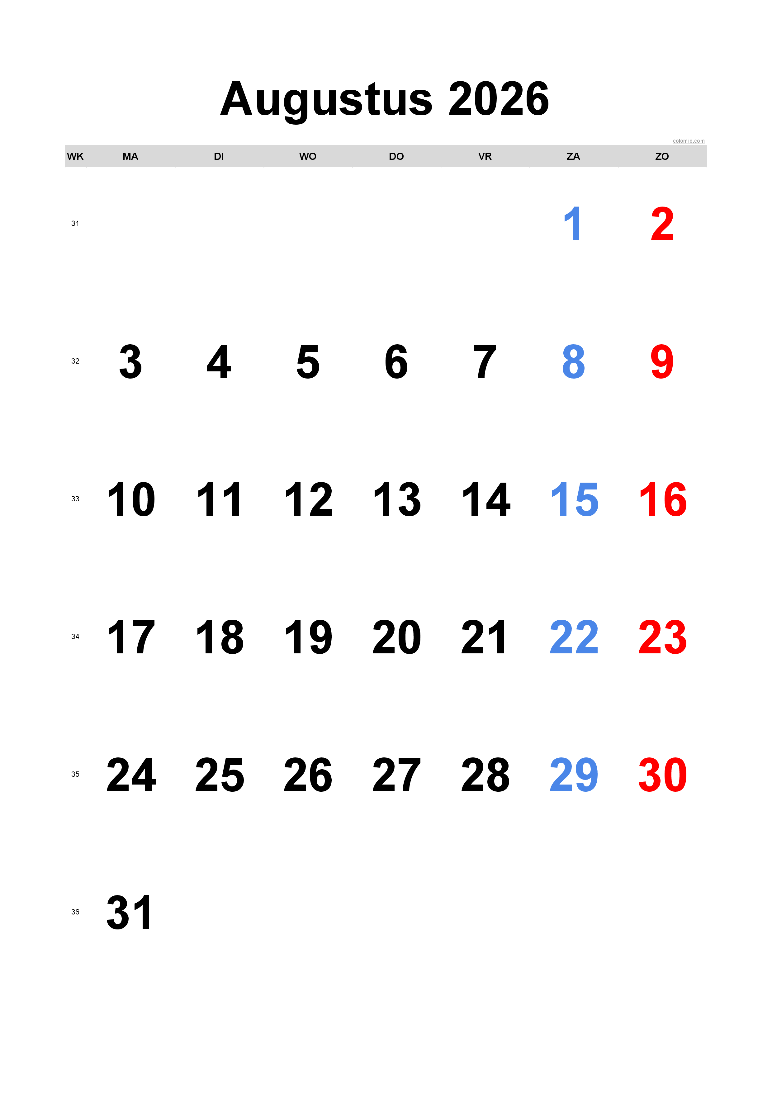 Kalender augustus 2026 - staand formaat, gratis om uit te printen Kalender augustus 2026 - staand formaat, gratis om uit te printen