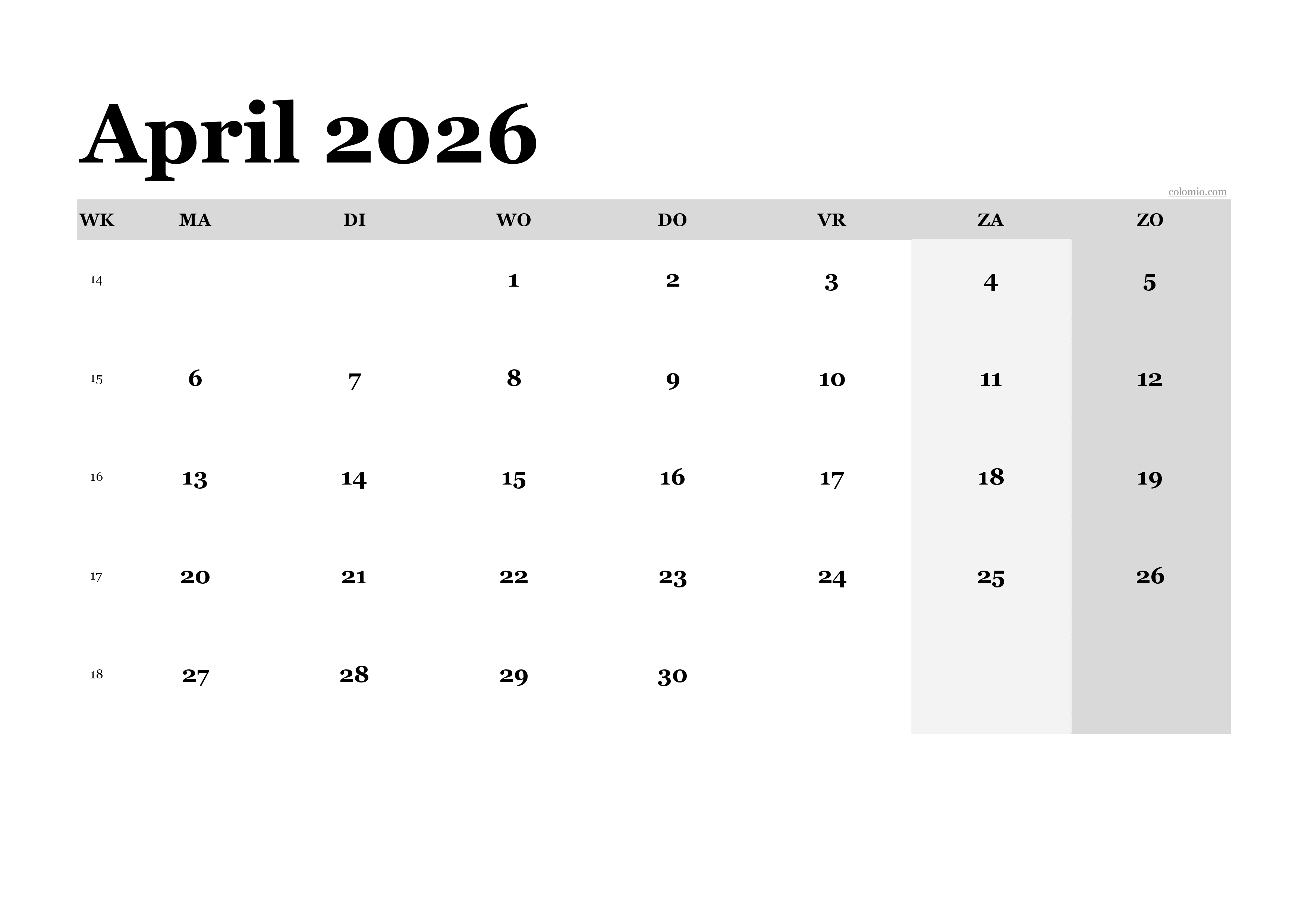 Kalender April 2026 klassiek, landschapsformaat PDF om uit te printen Kalender April 2026 klassiek, landschapsformaat PDF om uit te printen