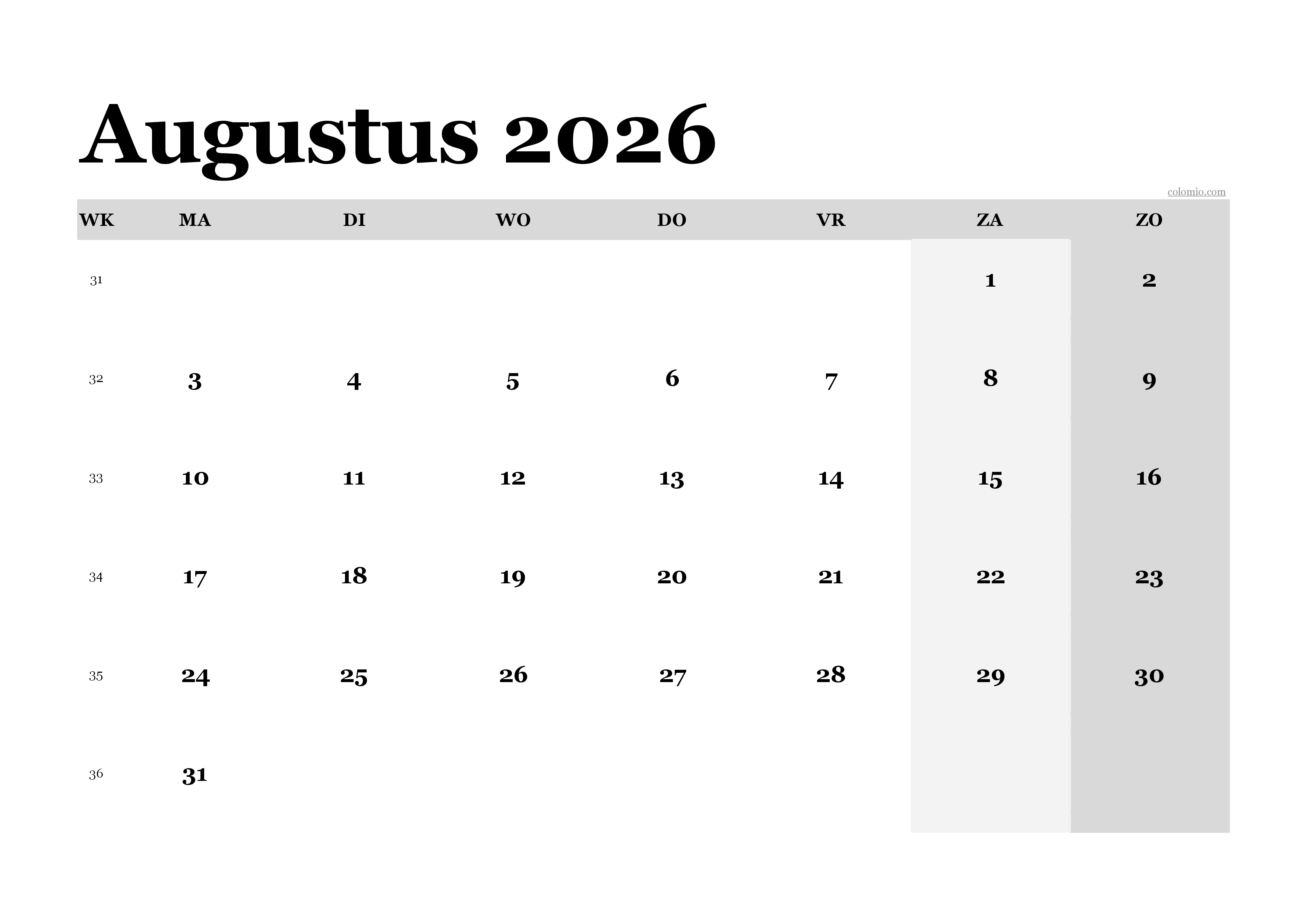 Kalender augustus 2026 klassiek, landschaps-PDF om uit te printen Kalender augustus 2026 klassiek, landschaps-PDF om uit te printen