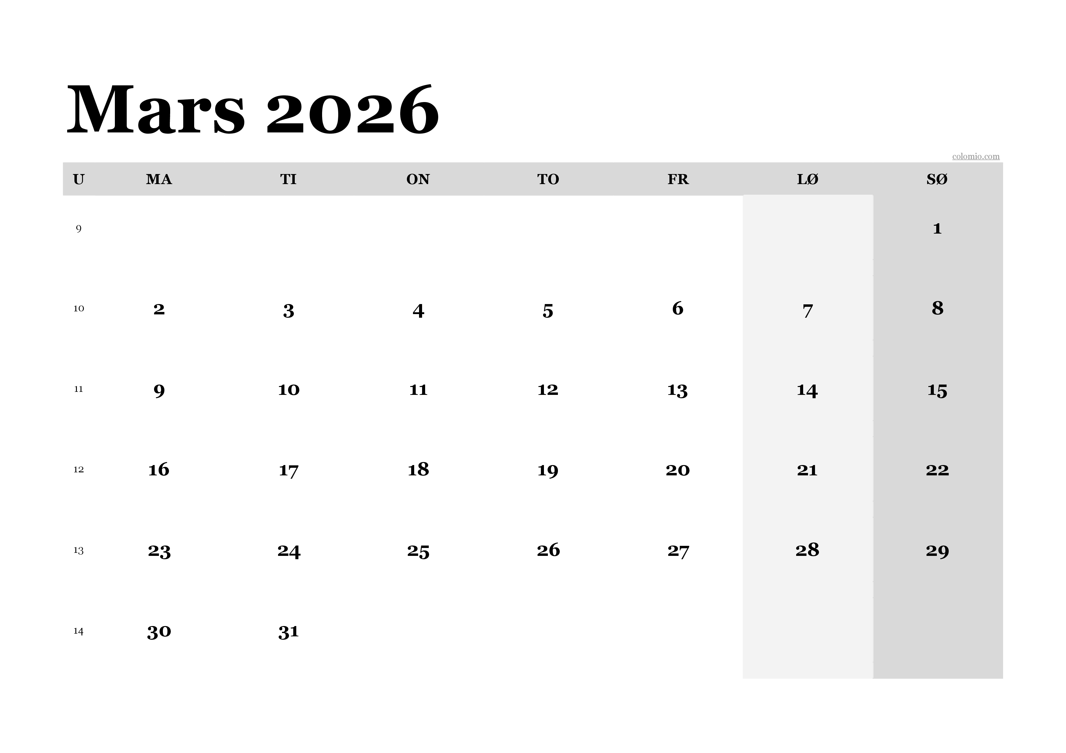 Kalender Mars 2026 klassisk, landskap PDF for utskrift Kalender Mars 2026 klassisk, landskap PDF for utskrift