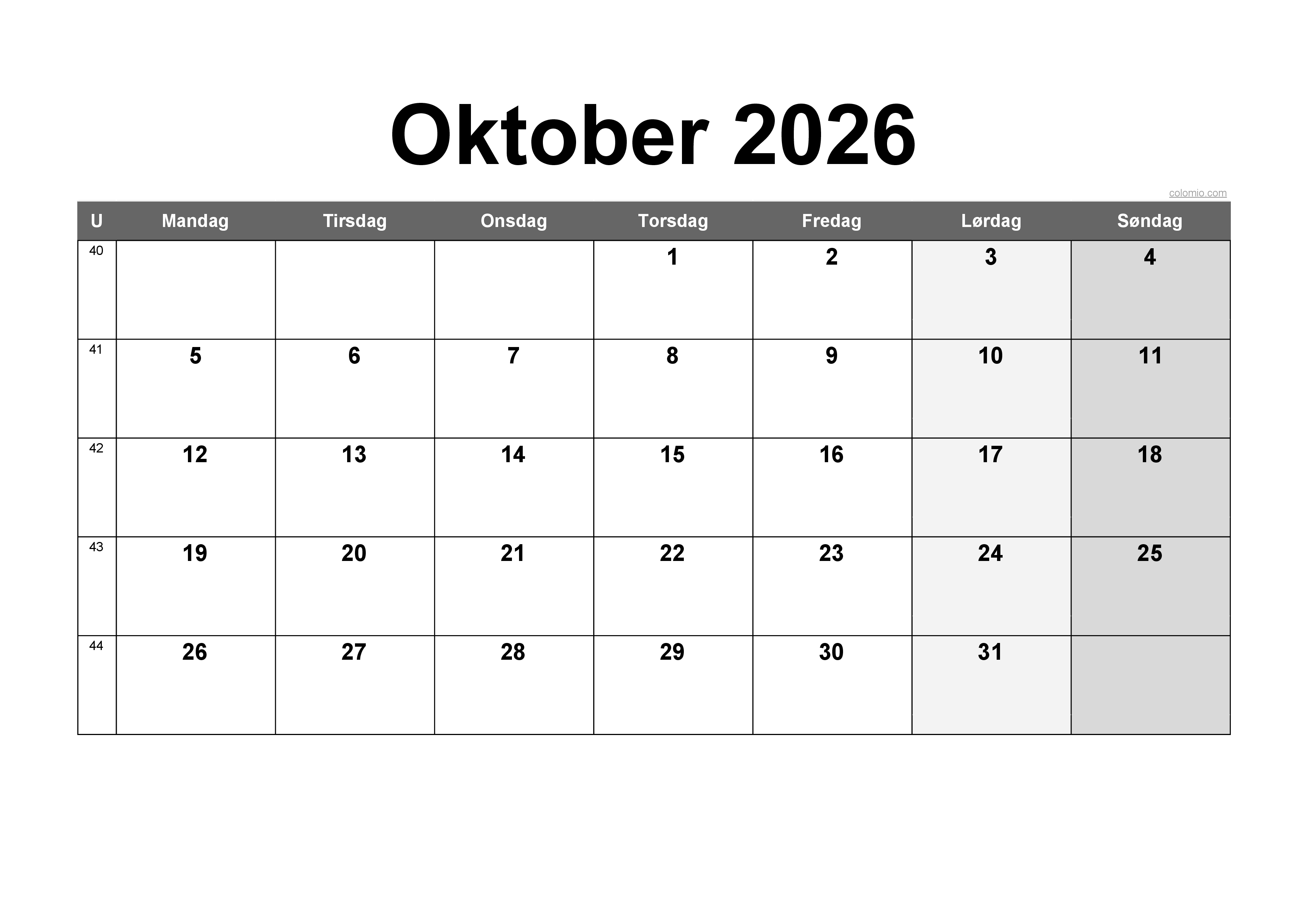 Oktober 2026 Kalender Norge PDF Excel Nedlasting