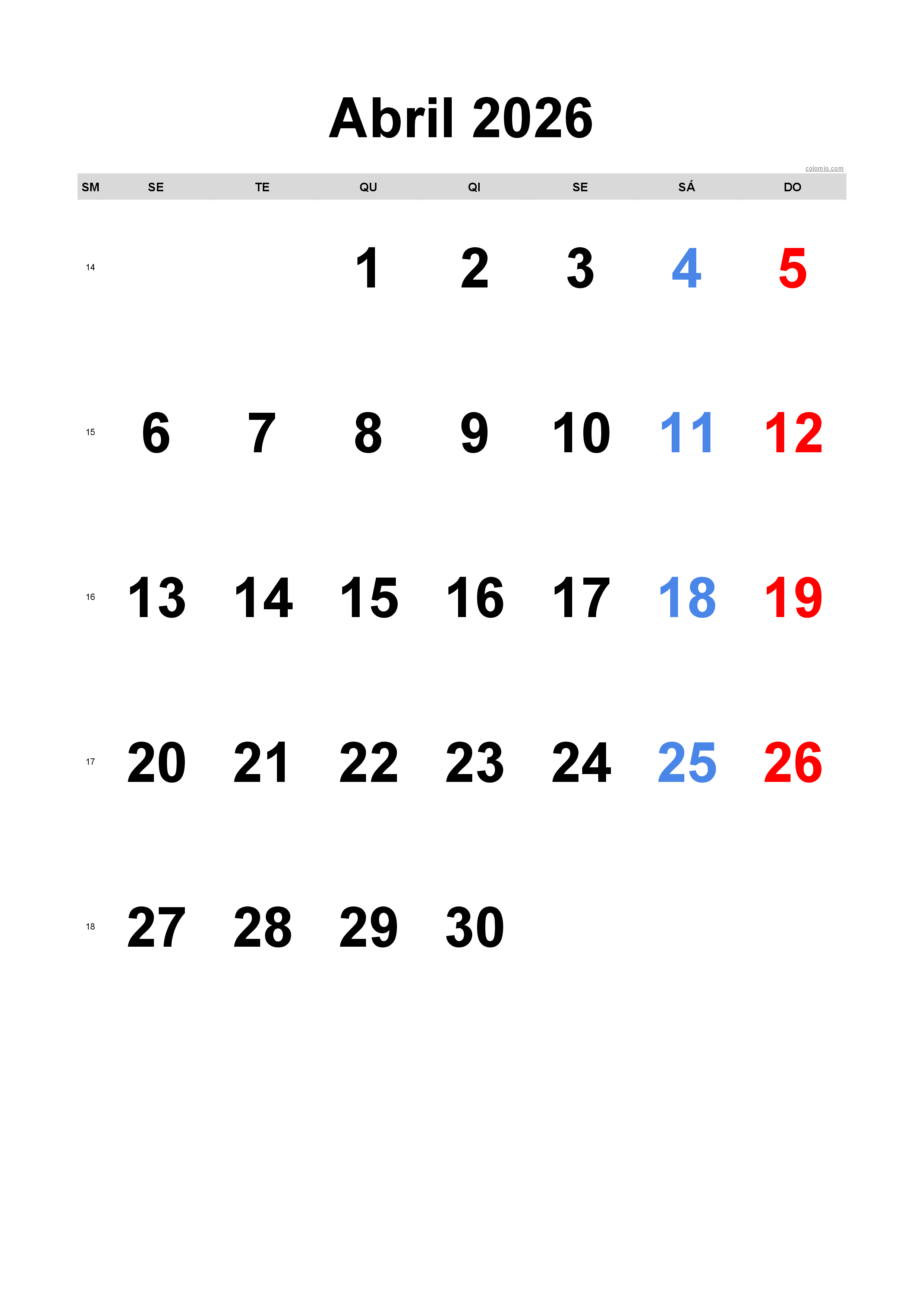 Calendário abril 2026 - formato retrato, gratuito para imprimir Calendário abril 2026 - formato retrato, gratuito para imprimir