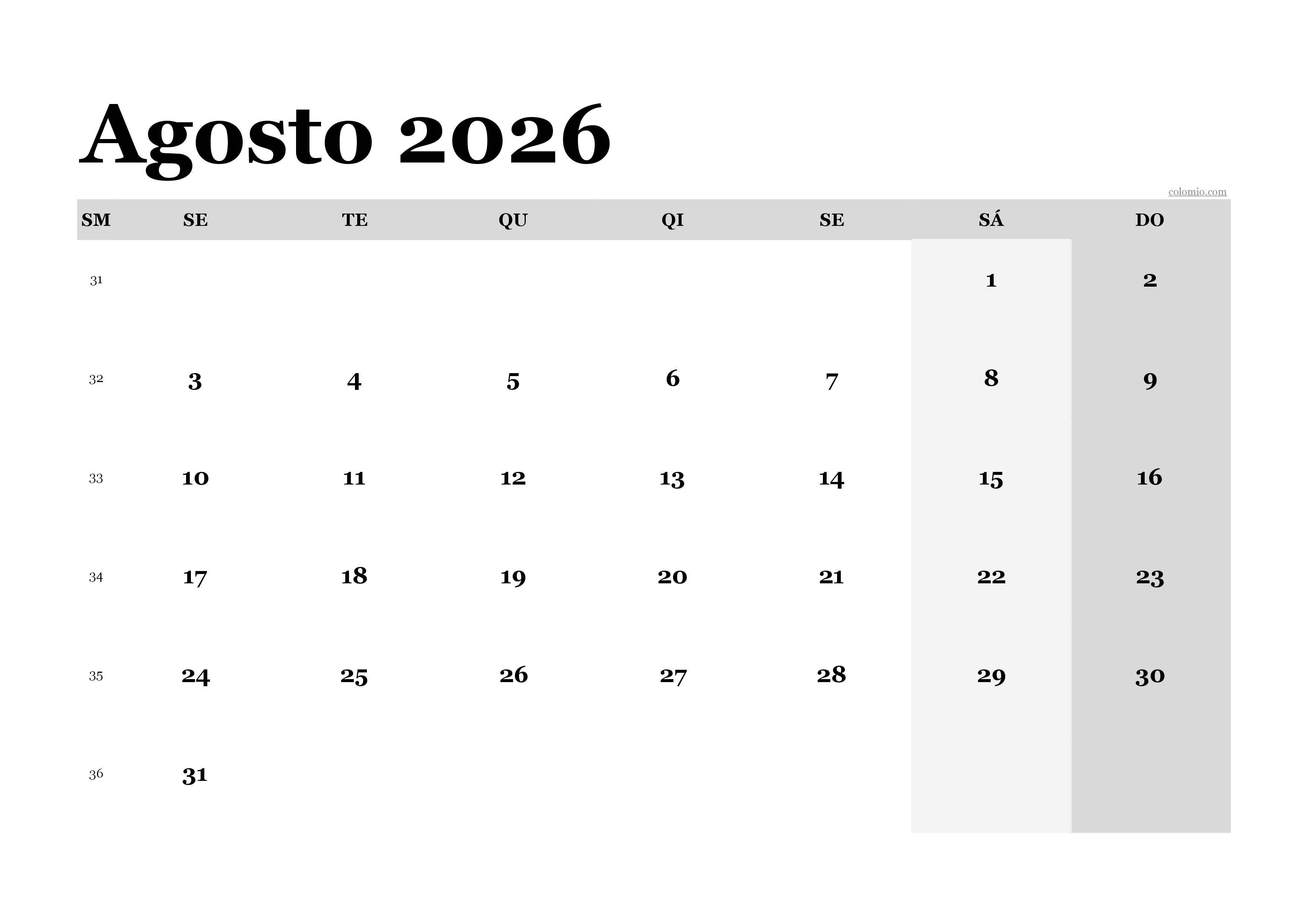 Calendário agosto 2026 clássico, PDF em formato paisagem para imprimir Calendário agosto 2026 clássico, PDF em formato paisagem para imprimir