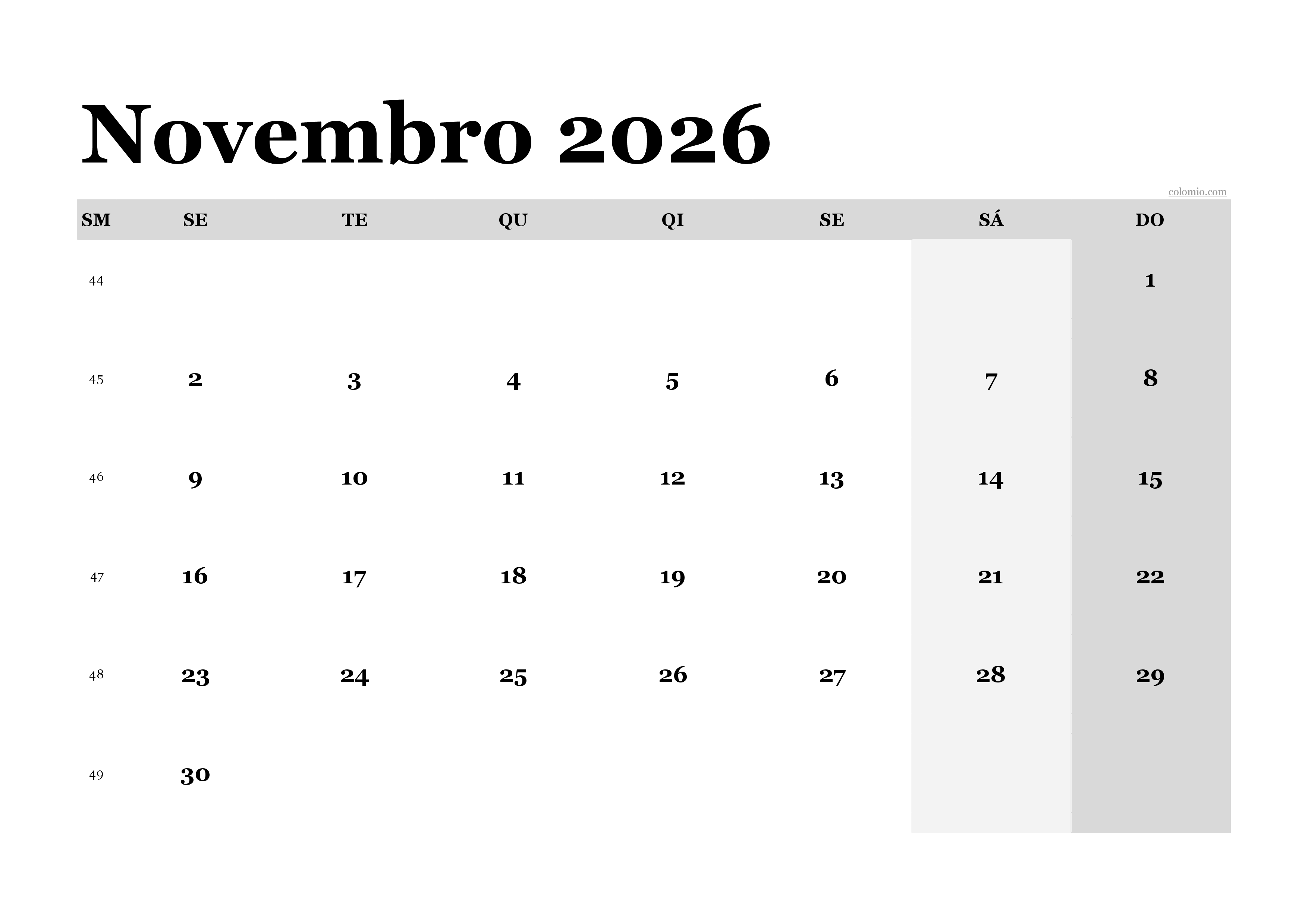 Calendário novembro 2026 clássico, PDF formato paisagem para imprimir Calendário novembro 2026 clássico, PDF formato paisagem para imprimir