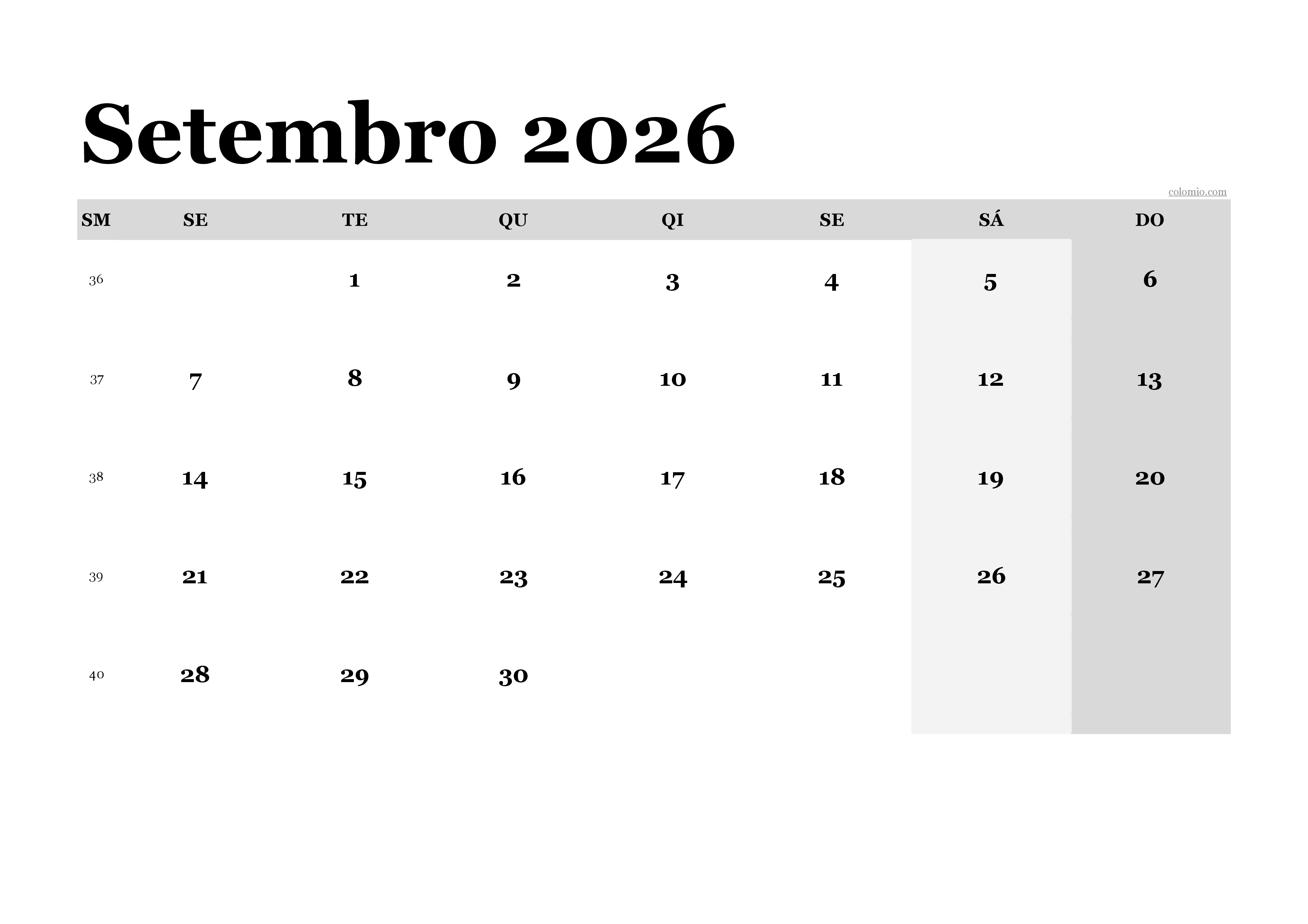 Calendário setembro 2026 clássico, PDF em formato paisagem para imprimir Calendário setembro 2026 clássico, PDF em formato paisagem para imprimir