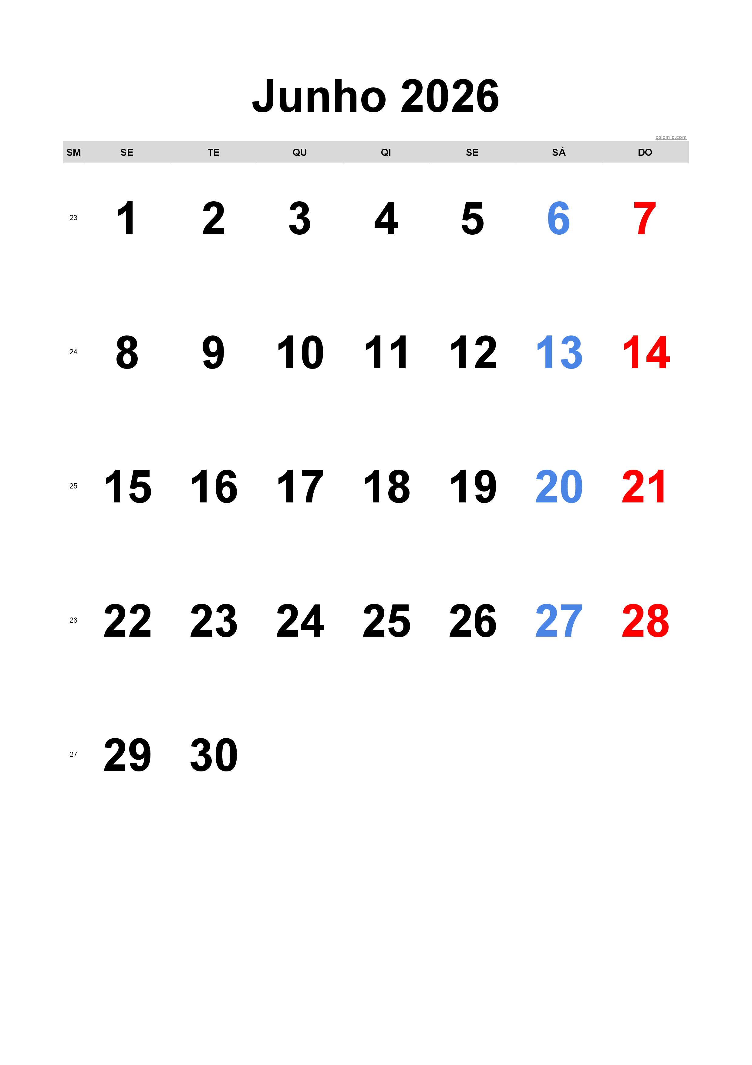 Calendário junho 2026 - formato retrato, gratuito para imprimir Calendário junho 2026 - formato retrato, gratuito para imprimir