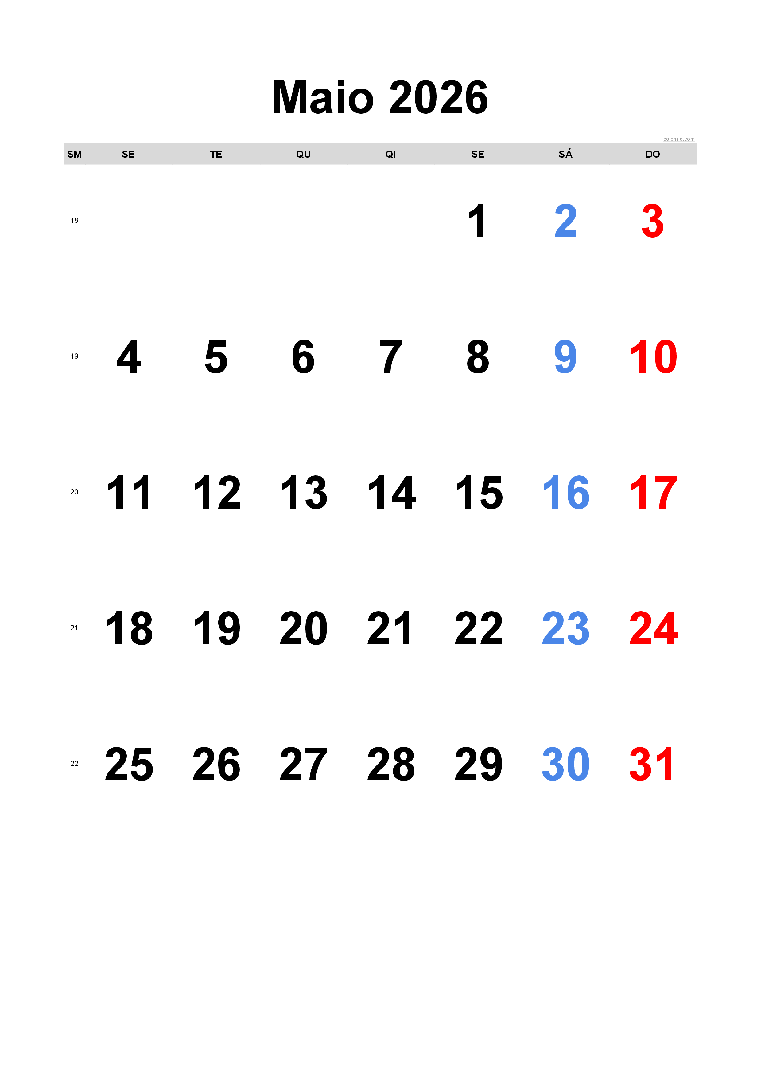 Calendário maio 2026 - formato retrato, gratuito para imprimir Calendário maio 2026 - formato retrato, gratuito para imprimir