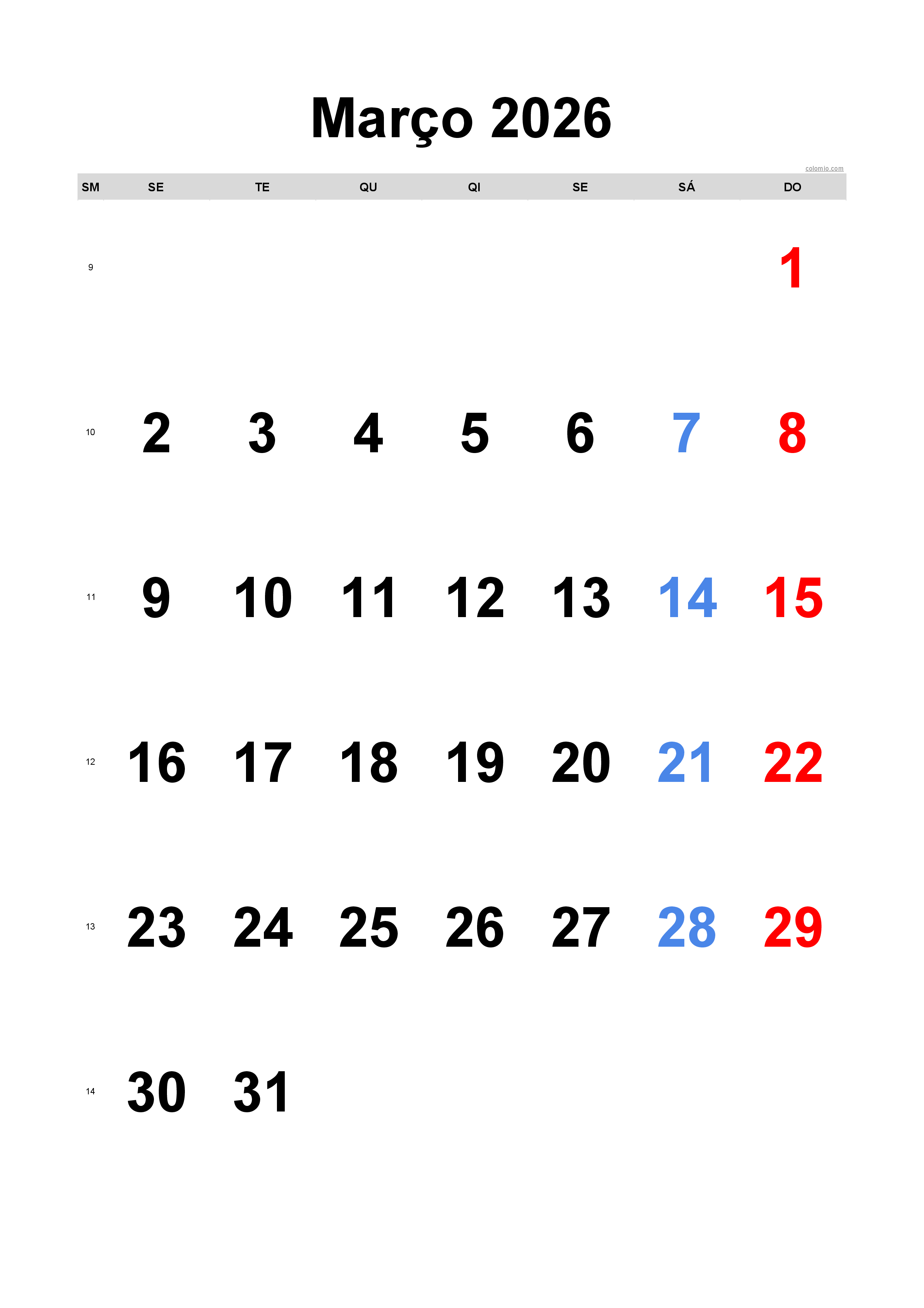 Calendário março 2026 - formato retrato, gratuito para imprimir Calendário março 2026 - formato retrato, gratuito para imprimir