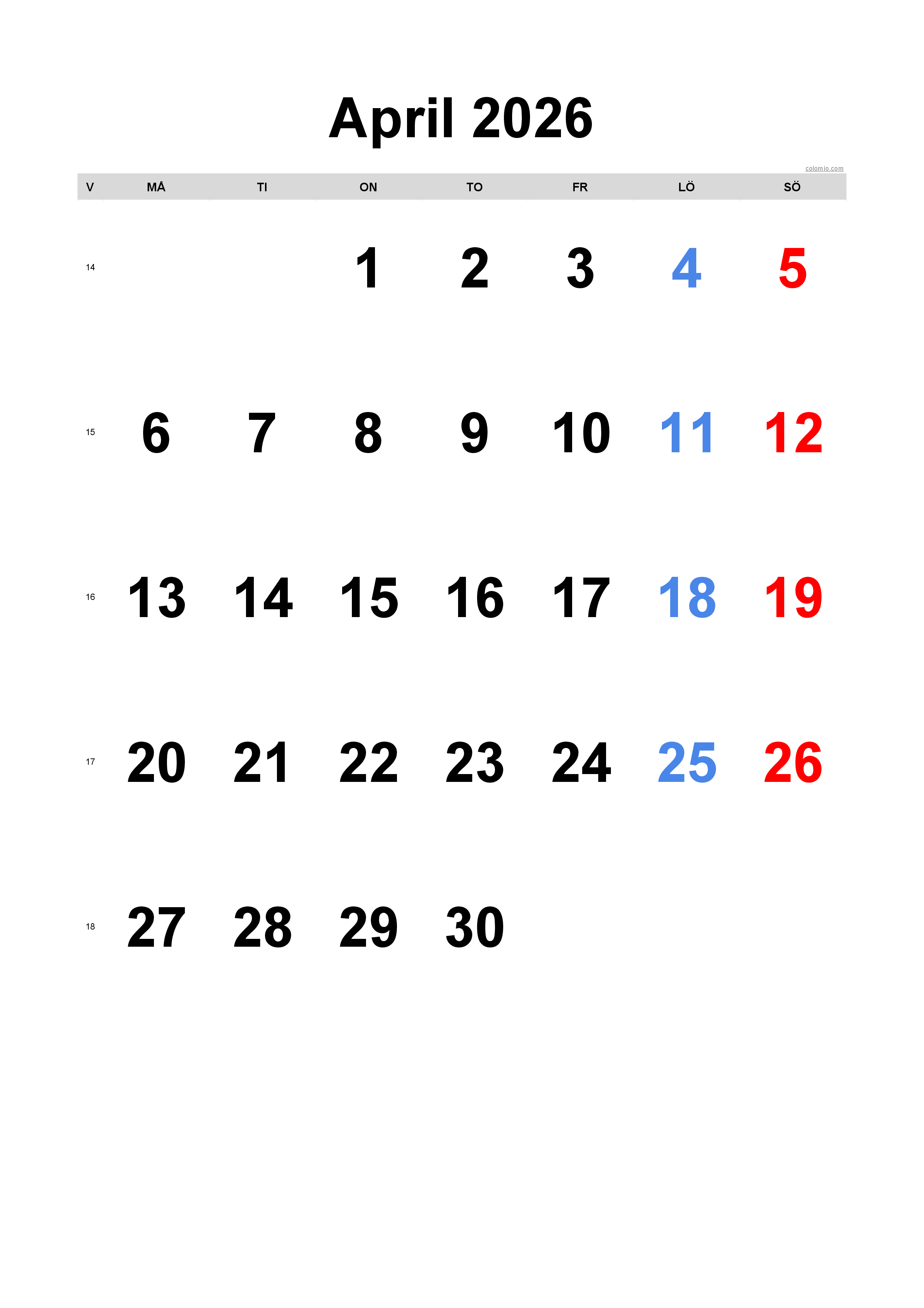 April 2026 Kalender - stående format, gratis för utskrift April 2026 Kalender - stående format, gratis för utskrift
