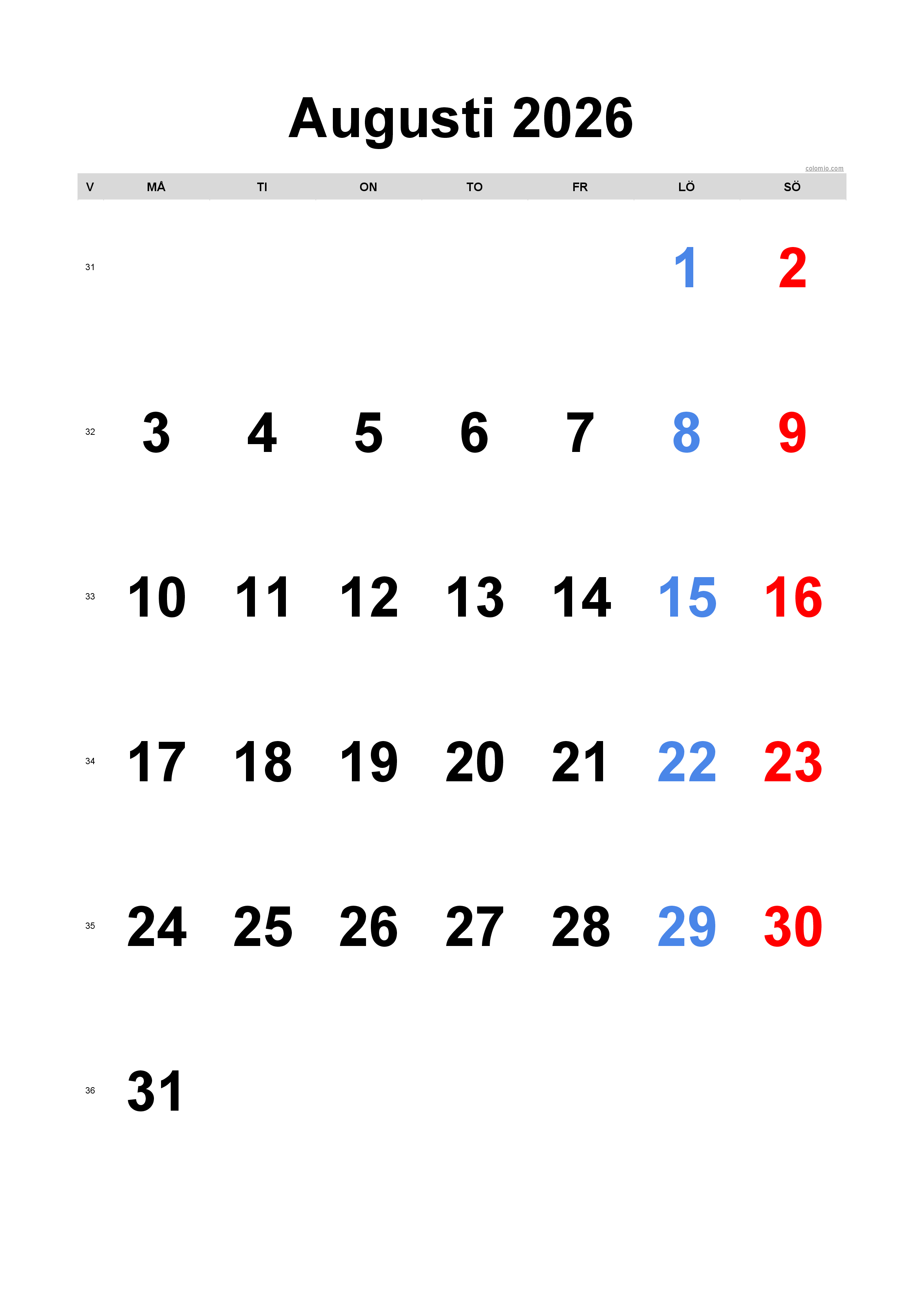 Augusti 2026 kalender - stående format, gratis för utskrift Augusti 2026 kalender - stående format, gratis för utskrift