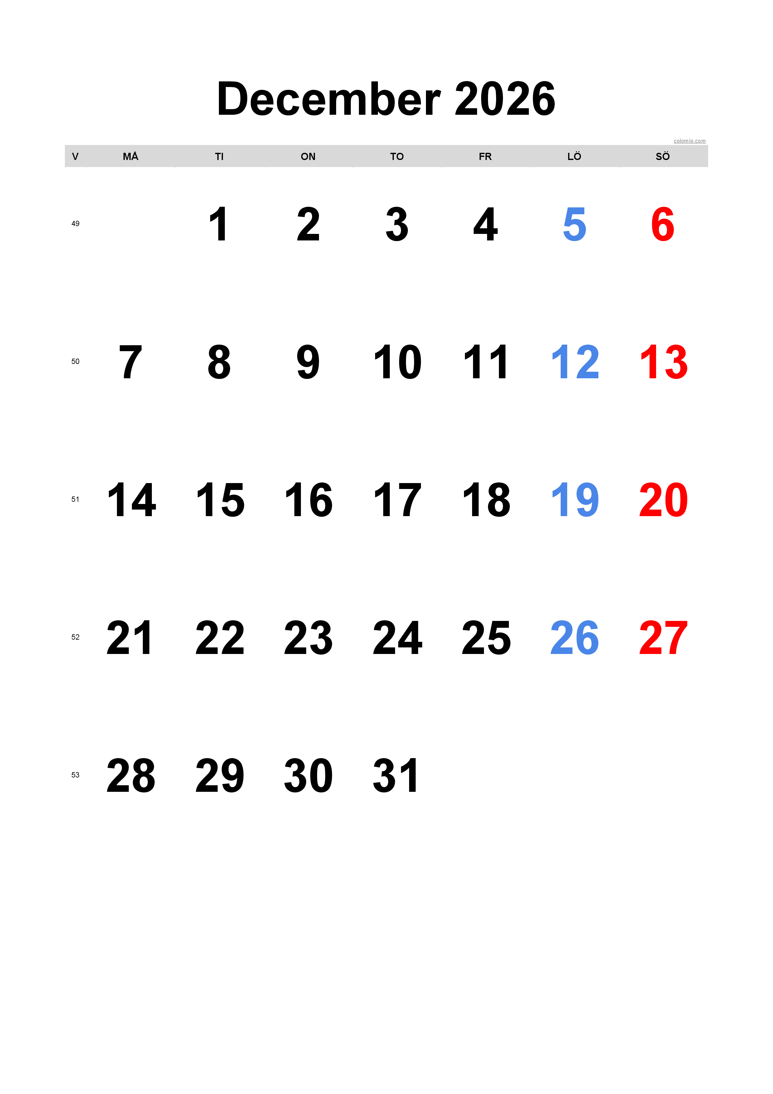 Dezember 2026 Kalender - Hochformat, kostenlos zum Ausdrucken Dezember 2026 Kalender - Hochformat, kostenlos zum Ausdrucken