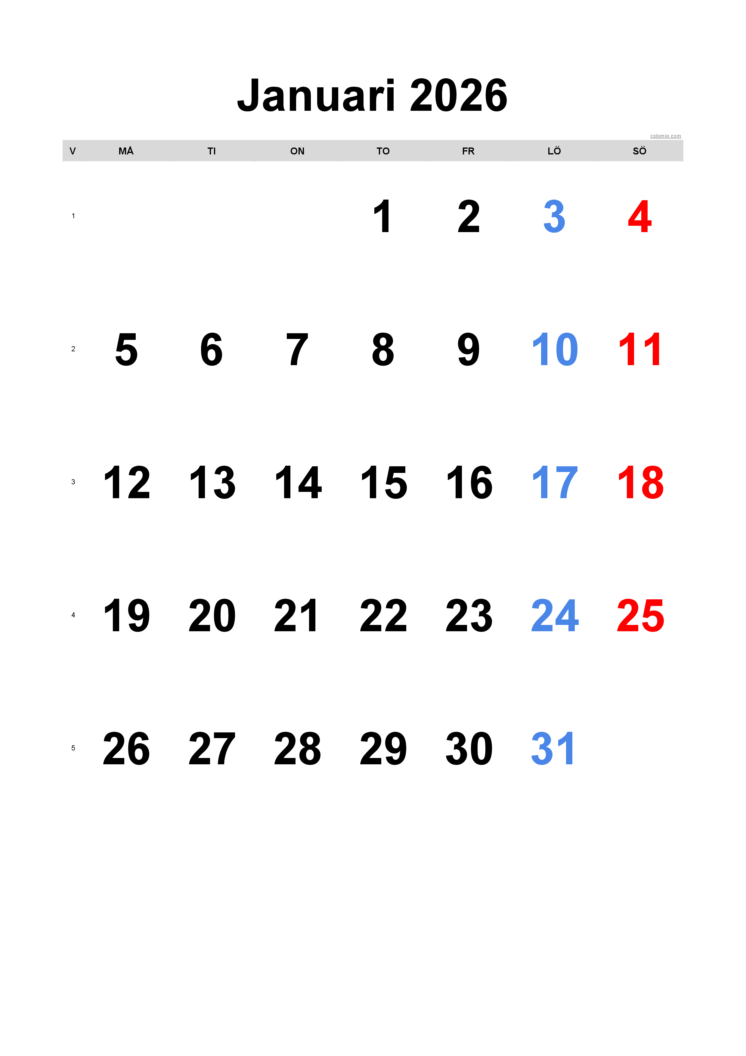 Januari 2026 kalender - stående format, gratis för utskrift Januari 2026 kalender - stående format, gratis för utskrift