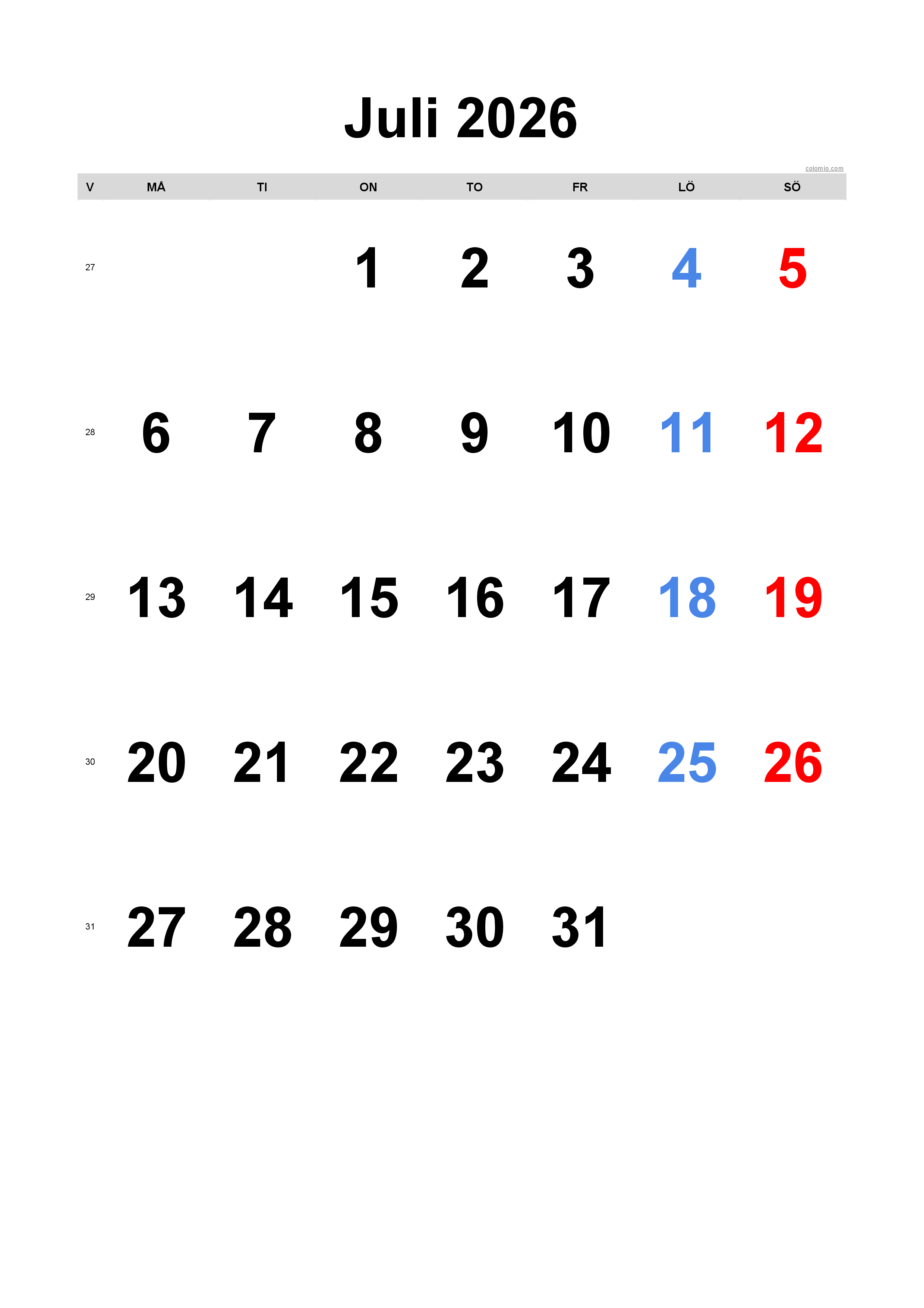 Juli 2026 kalender - stående format, gratis att skriva ut Juli 2026 kalender - stående format, gratis att skriva ut