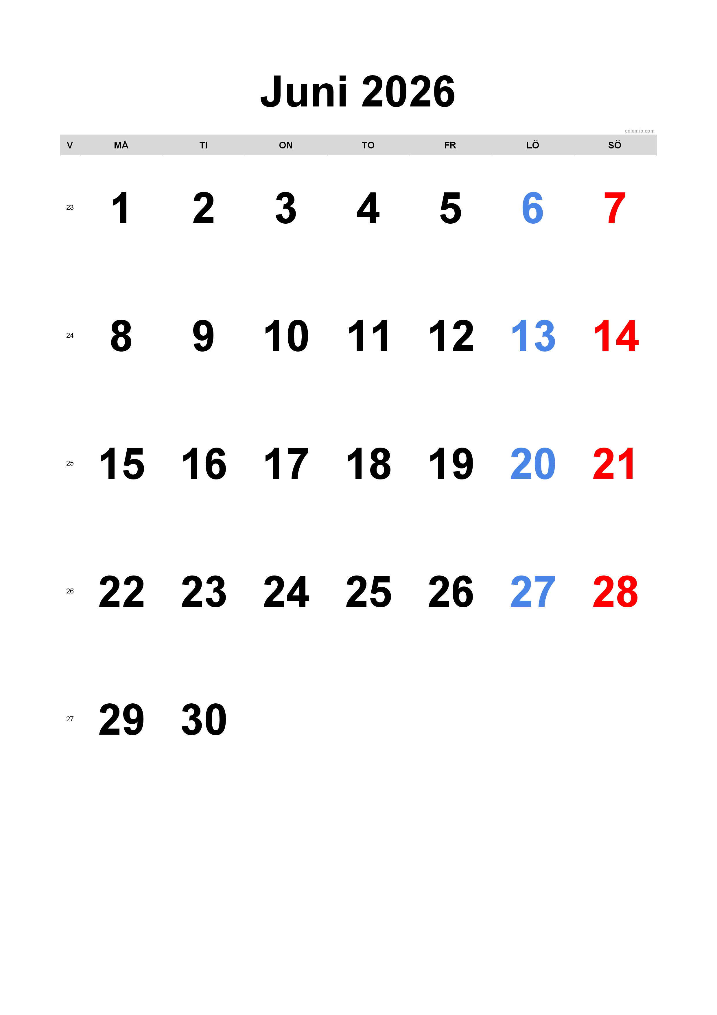 Juni 2026 kalender - stående format, gratis för utskrift Juni 2026 kalender - stående format, gratis för utskrift